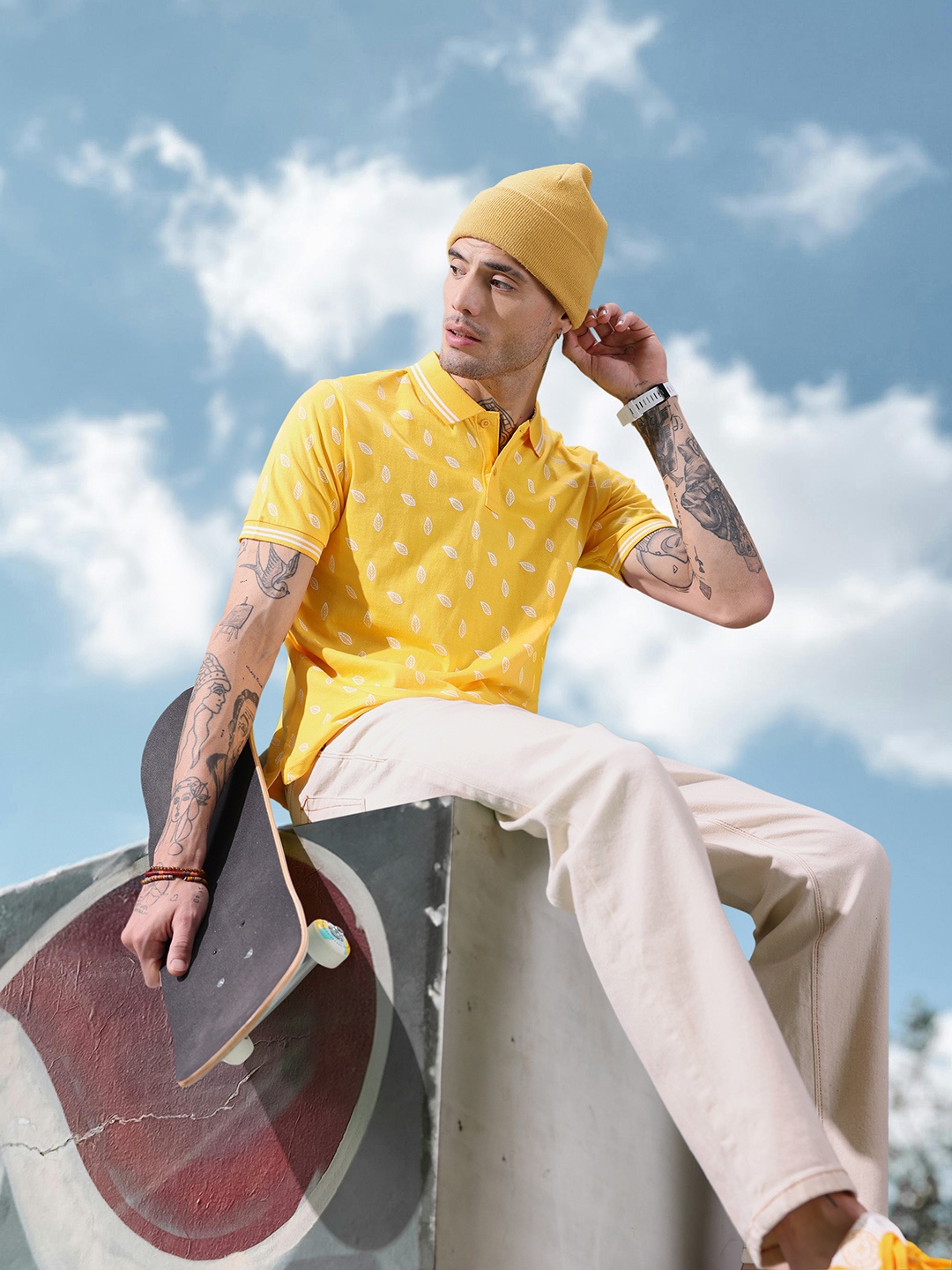

HERE&NOW Floral Printed Polo Collar Pure Cotton T-shirt, Yellow