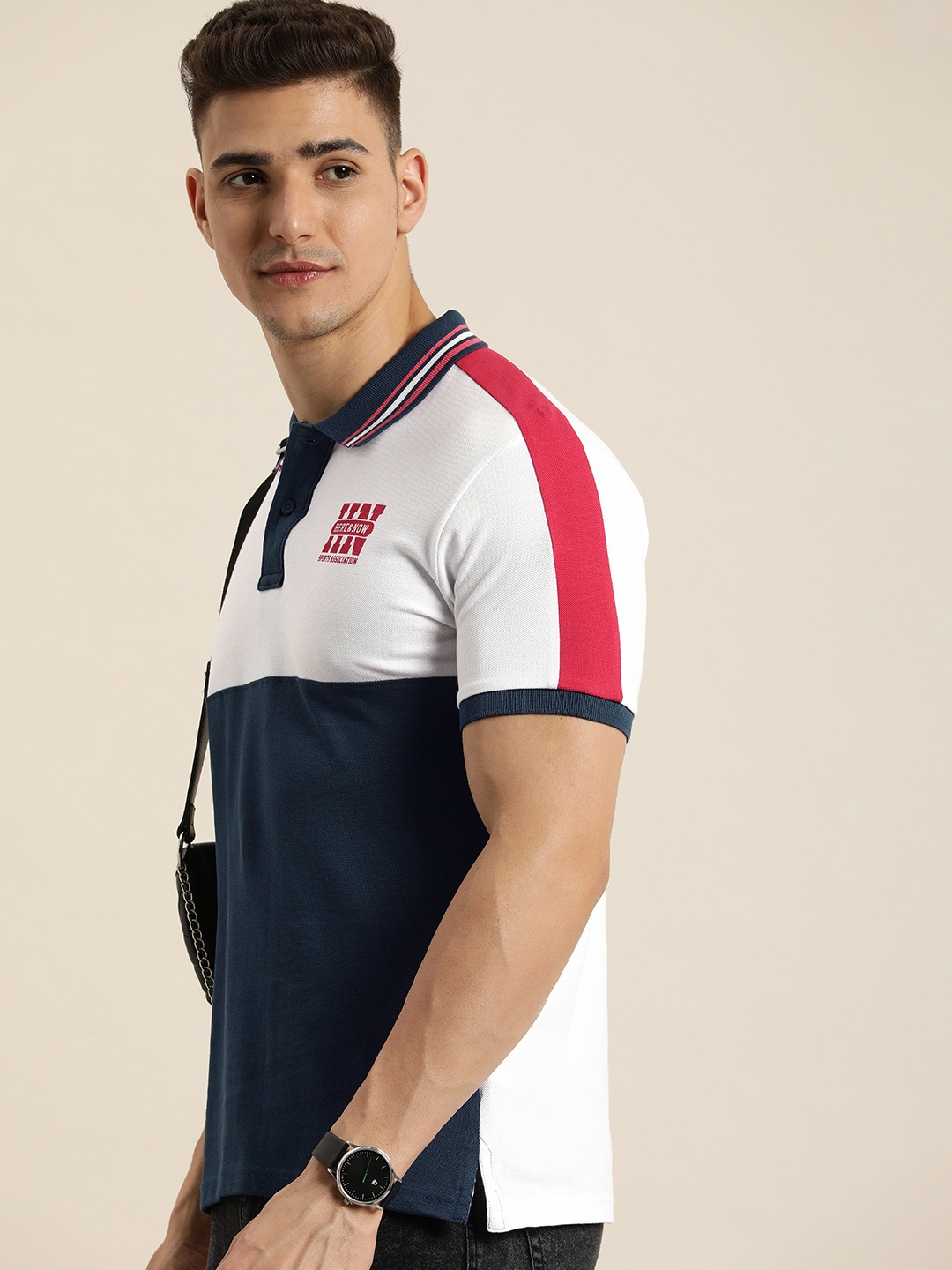 

HERE&NOW Pure Cotton Colourblocked Polo Collar Casual T-shirt, White