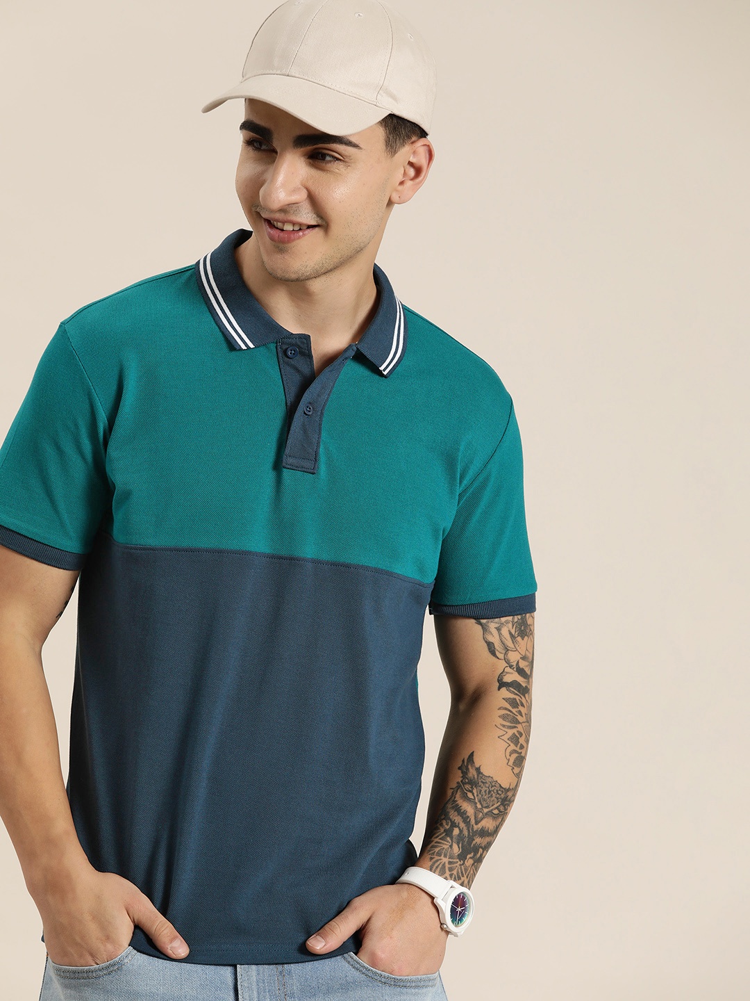 

HERE&NOW Colourblocked Polo Collar Pure Cotton T-shirt, Teal