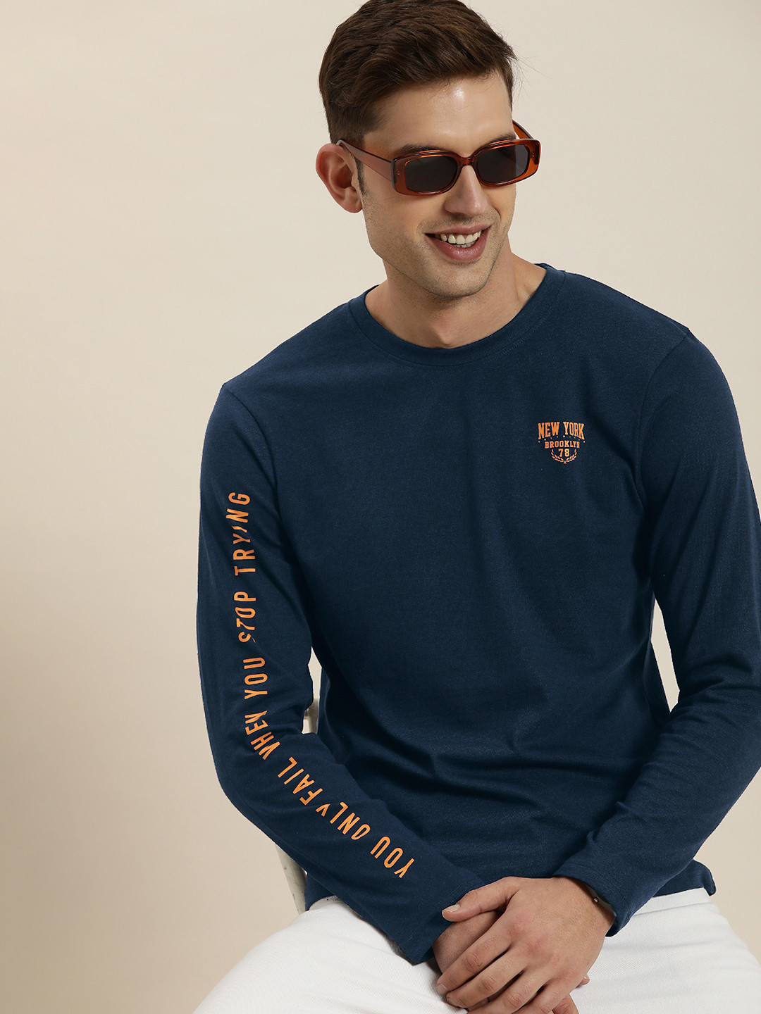 

HERE&NOW Regular Fit Typography Printed Casual T-shirt, Navy blue