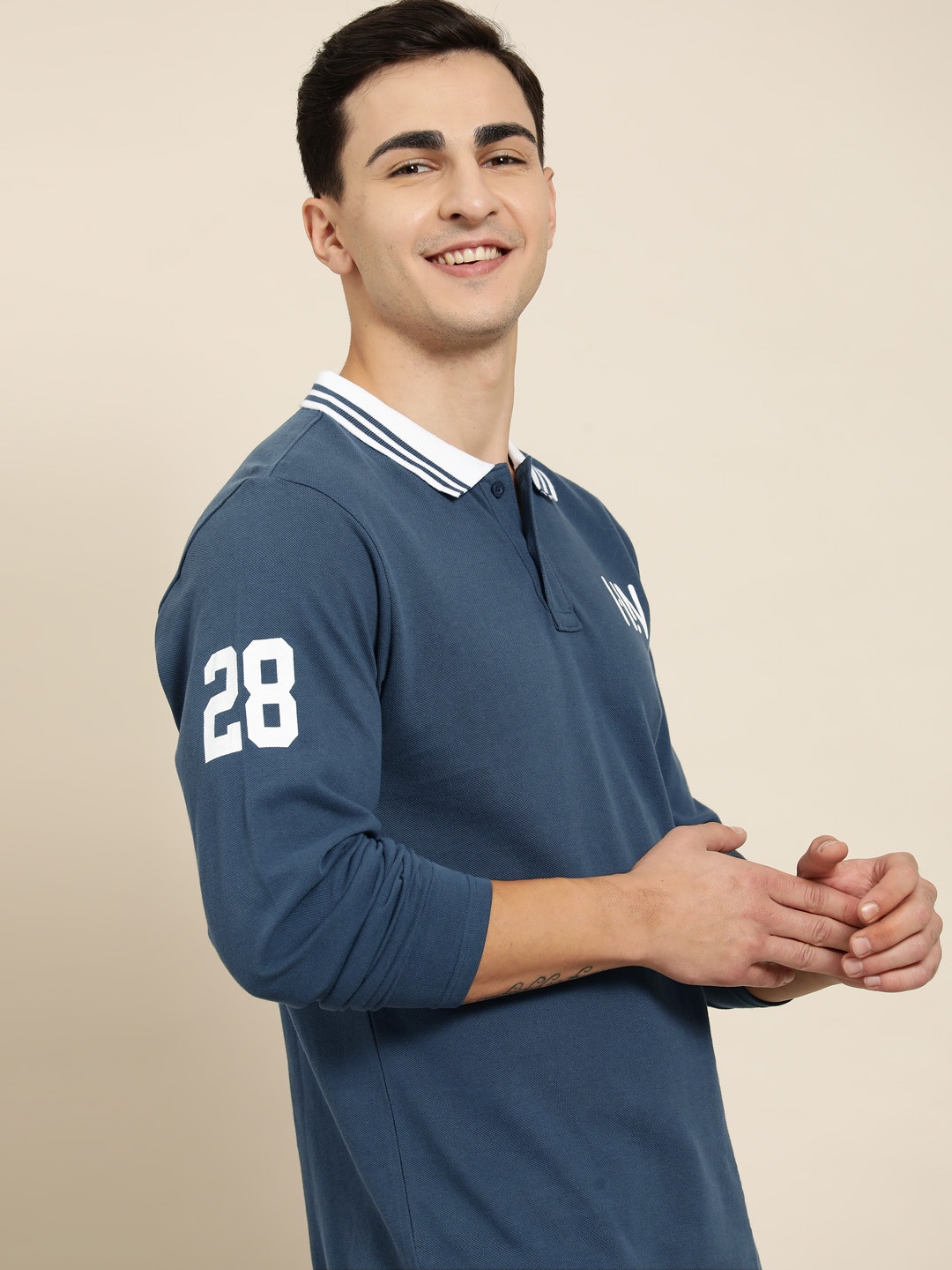 

HERE&NOW Solid Polo Collar Pure Cotton T-shirt, Blue