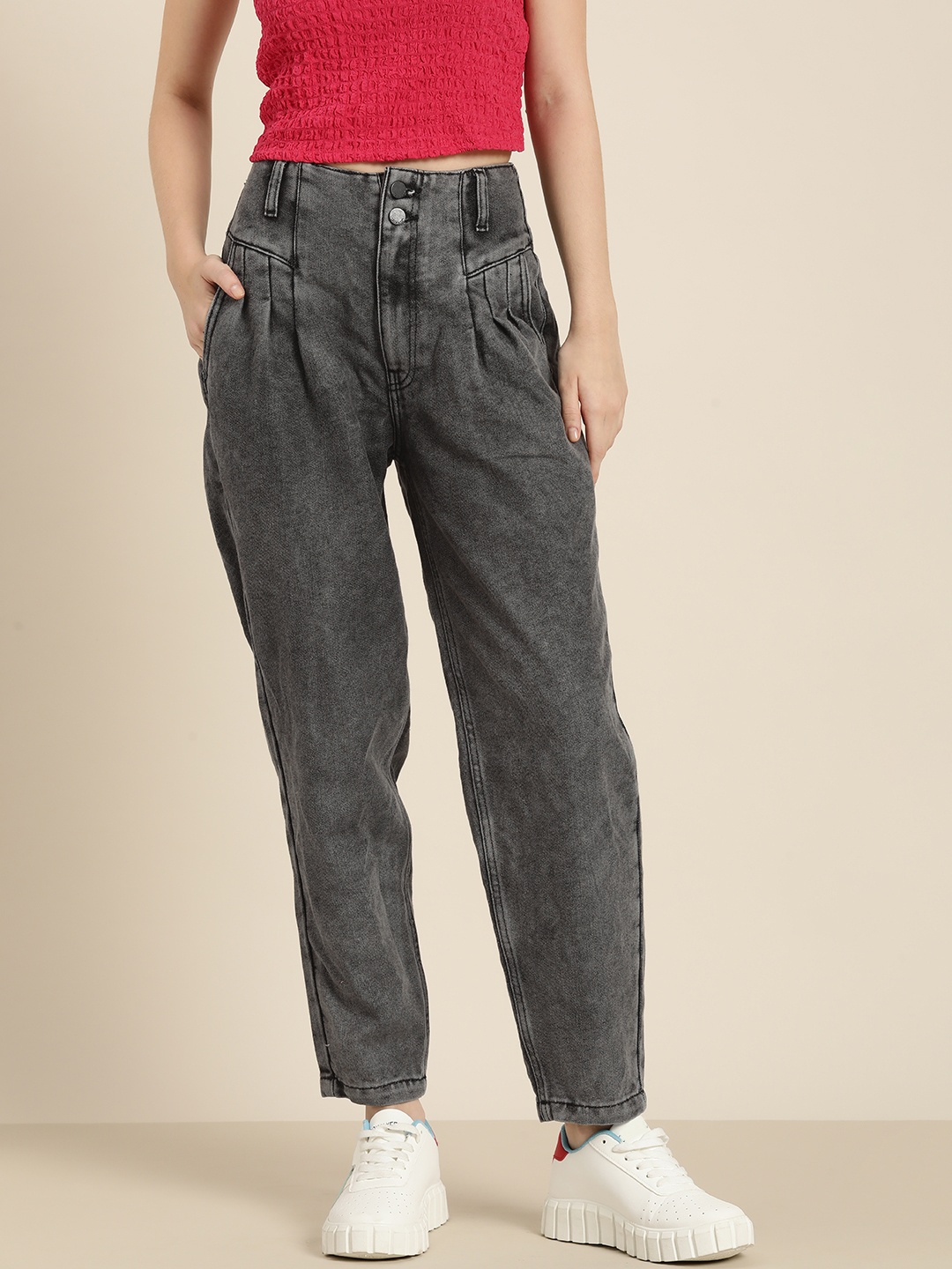 

HERE&NOW Women Mom Fit High-Rise Light Fade Jeans, Grey