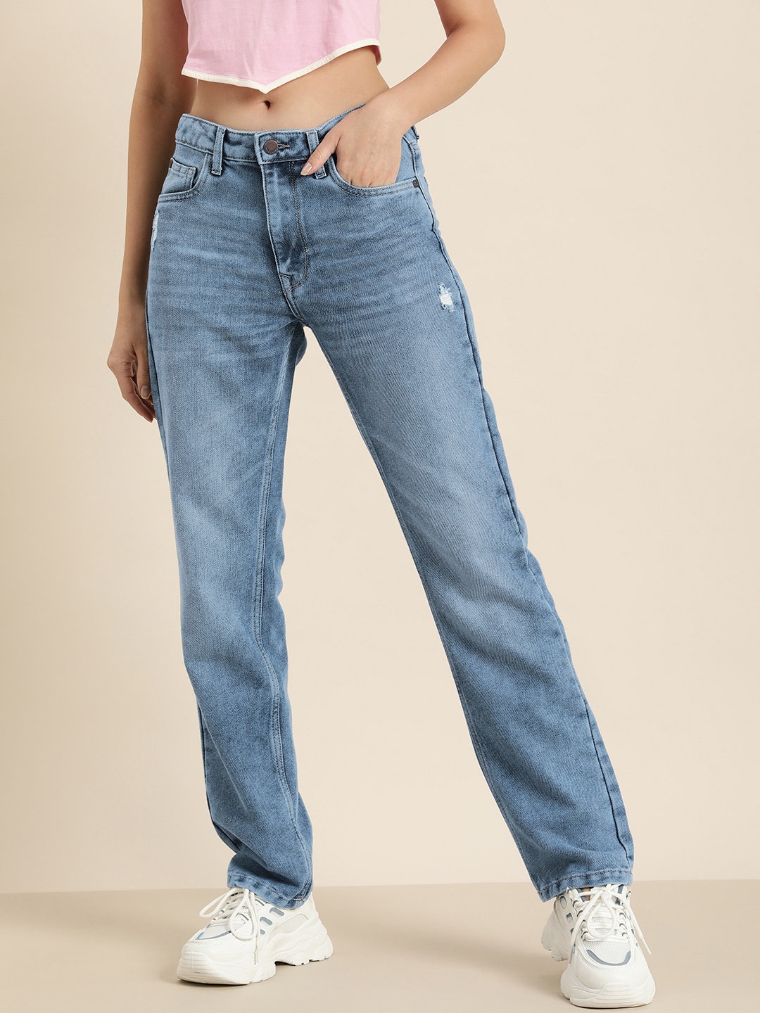 

HERE&NOW Women Straight Fit Low Distress Stretchable Jeans, Blue