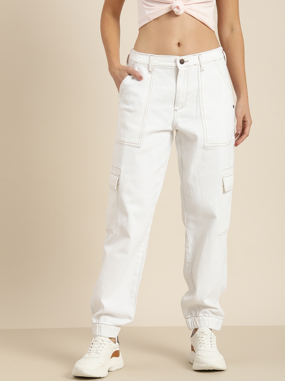 

HERE&NOW Women Stretchable Mid-Rise Jogger Jeans, White
