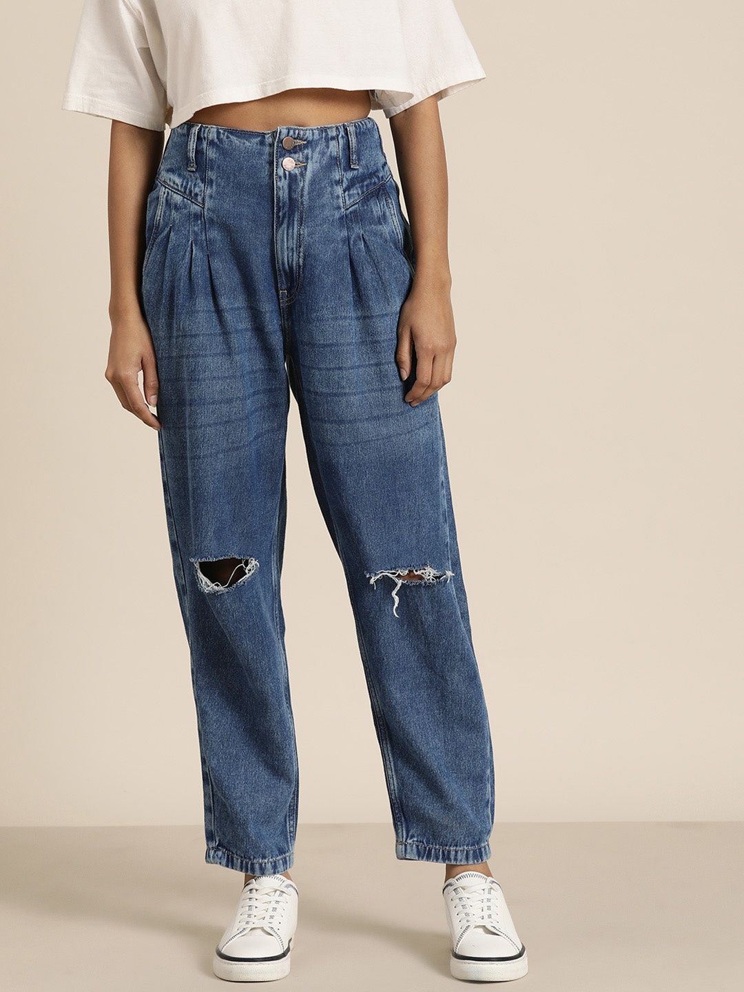 

HERE&NOW Women Pure Cotton Mom Fit High-Rise Slash Knee Light Fade Stretchable Jeans, Blue