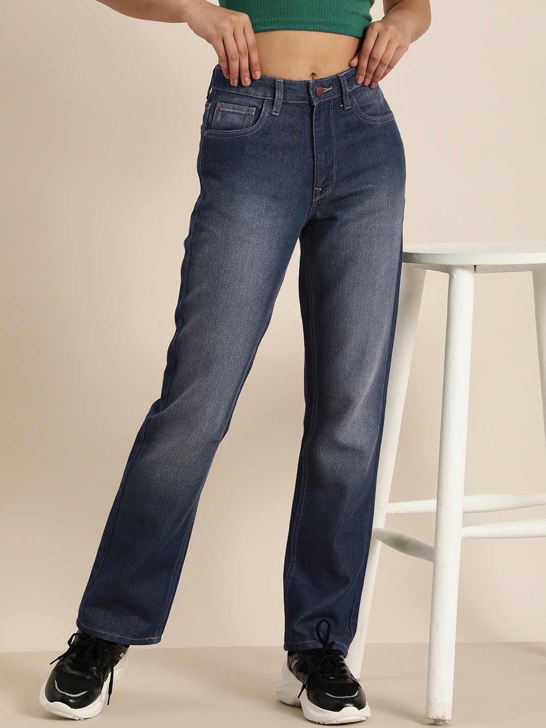 

HERE&NOW Women Mid-Rise Straight Fit Light Fade Jeans, Navy blue