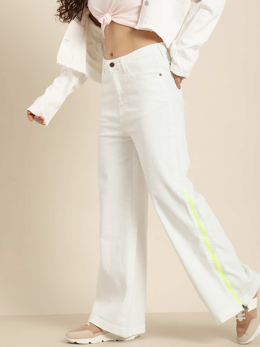 

HERE&NOW Women Wide Leg High-Rise Zip Detail Stretchable Jeans, White