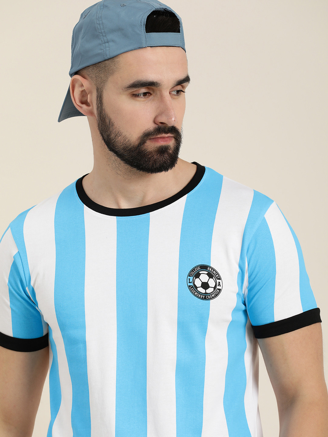 

Moda Rapido Minimal Football Graphic Print & Striped Pure Cotton T-shirt, Blue