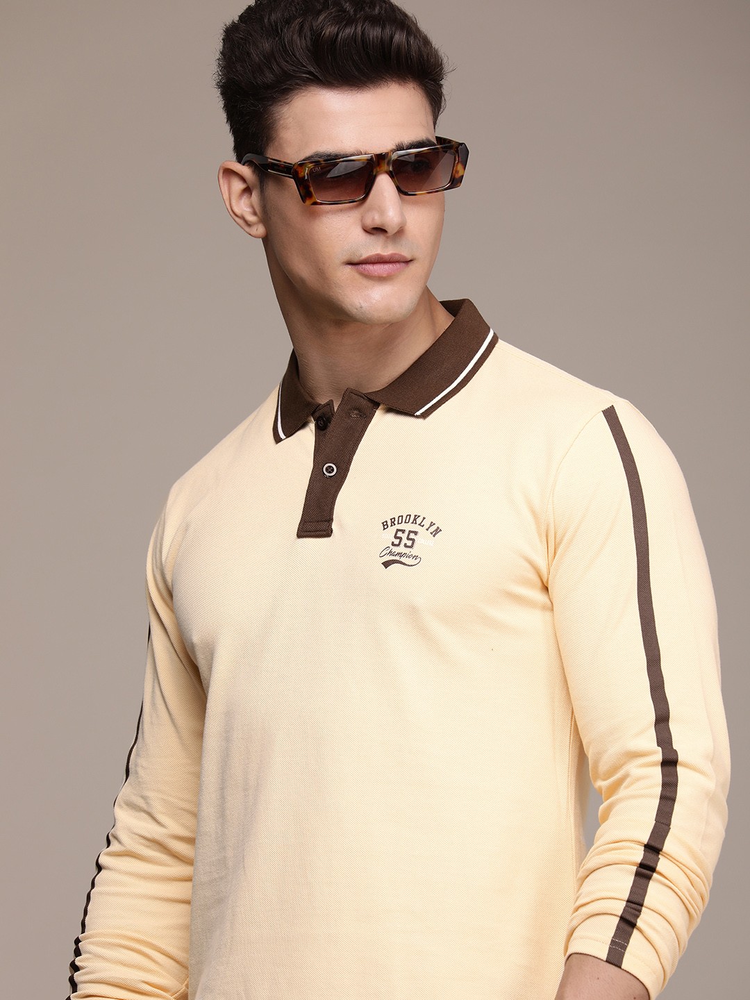 

Moda Rapido Pure Cotton Typography Printed Polo Collar Casual T-shirt, Cream