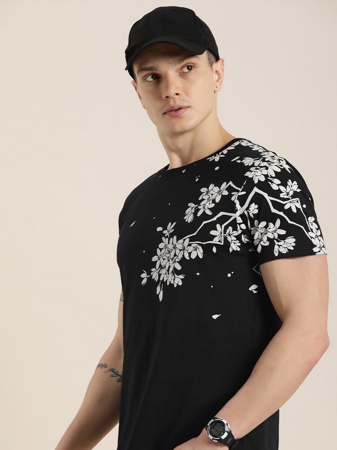 

Moda Rapido Floral Printed Pure Cotton T-shirt, Black