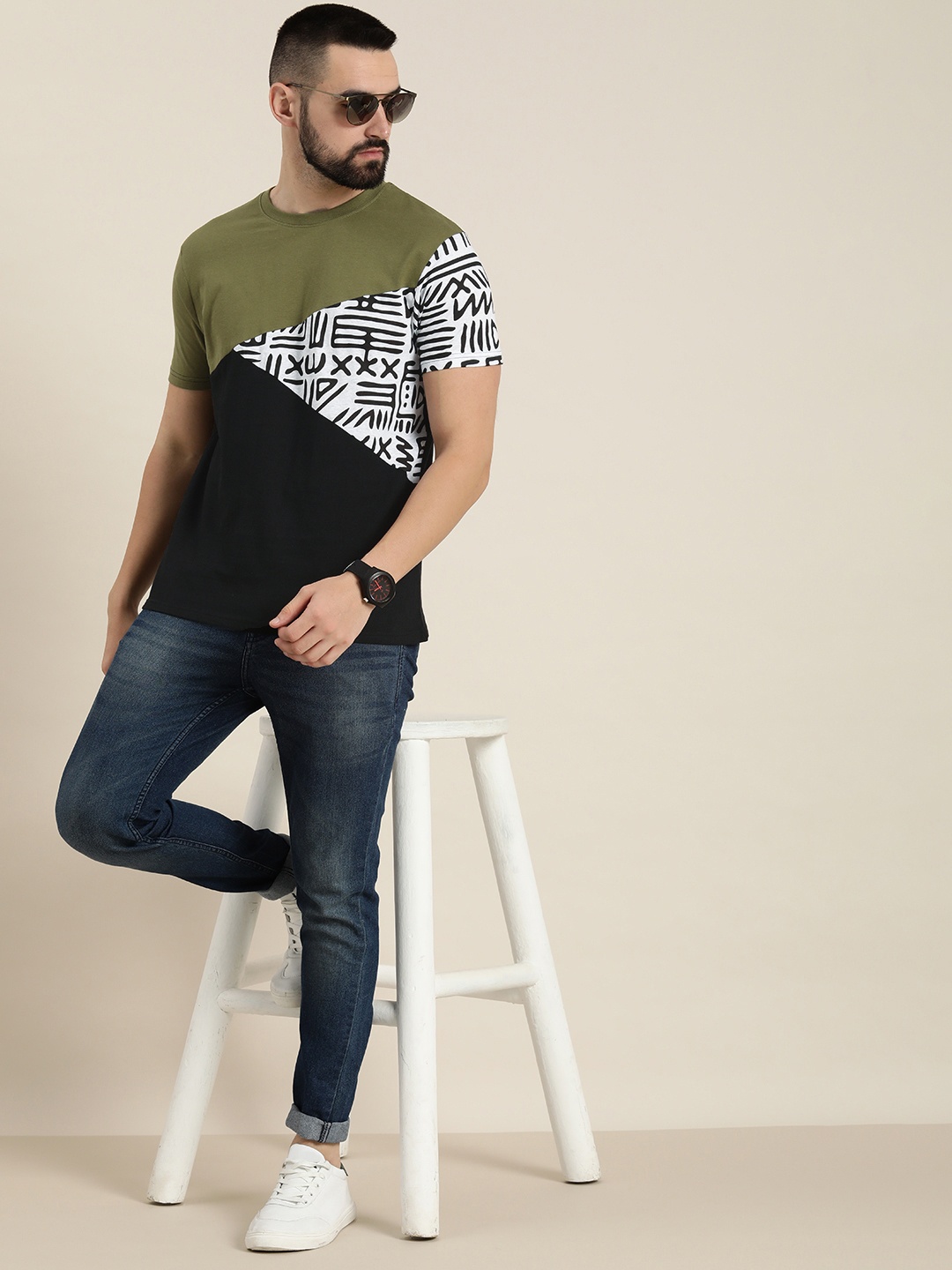 

Moda Rapido Graphic Printed & Colourblocked T-shirt, Olive
