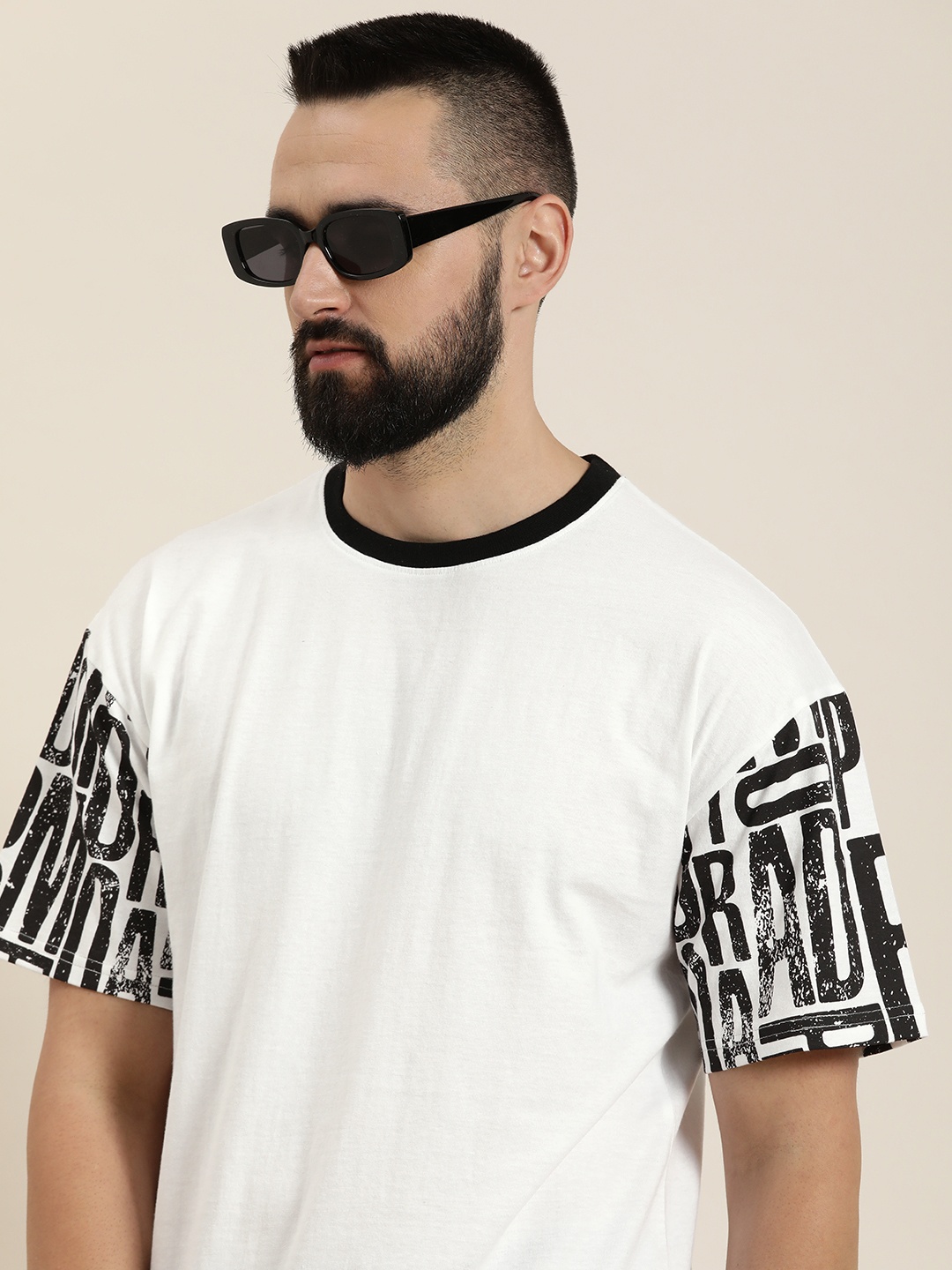 

Moda Rapido Printed Drop-Shoulder Sleeves Monochrome Pure Cotton T-shirt, White