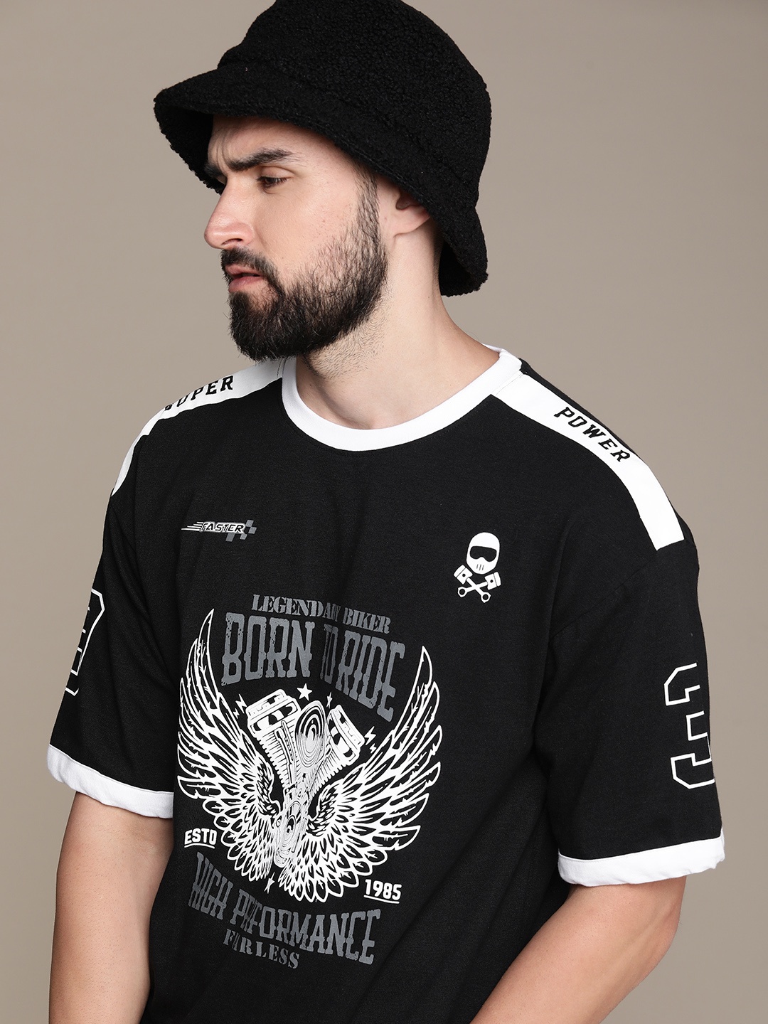 

Moda Rapido Printed Drop-Shoulder Sleeves Monochrome T-shirt, Black
