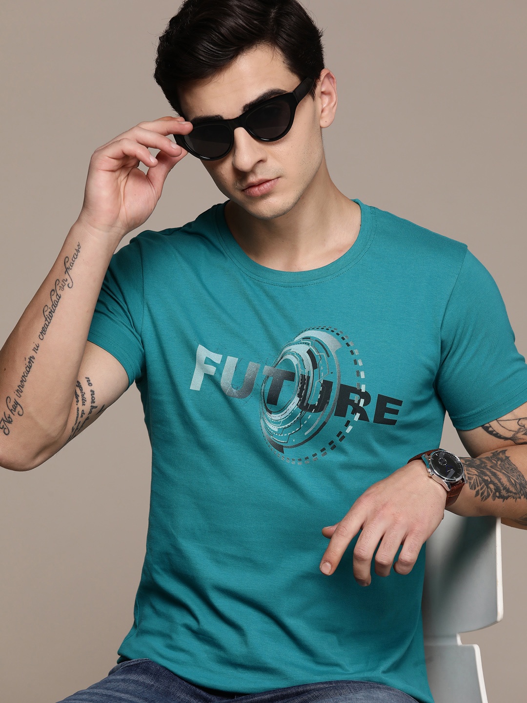 

Moda Rapido Typography Printed Pure Cotton T-shirt, Teal