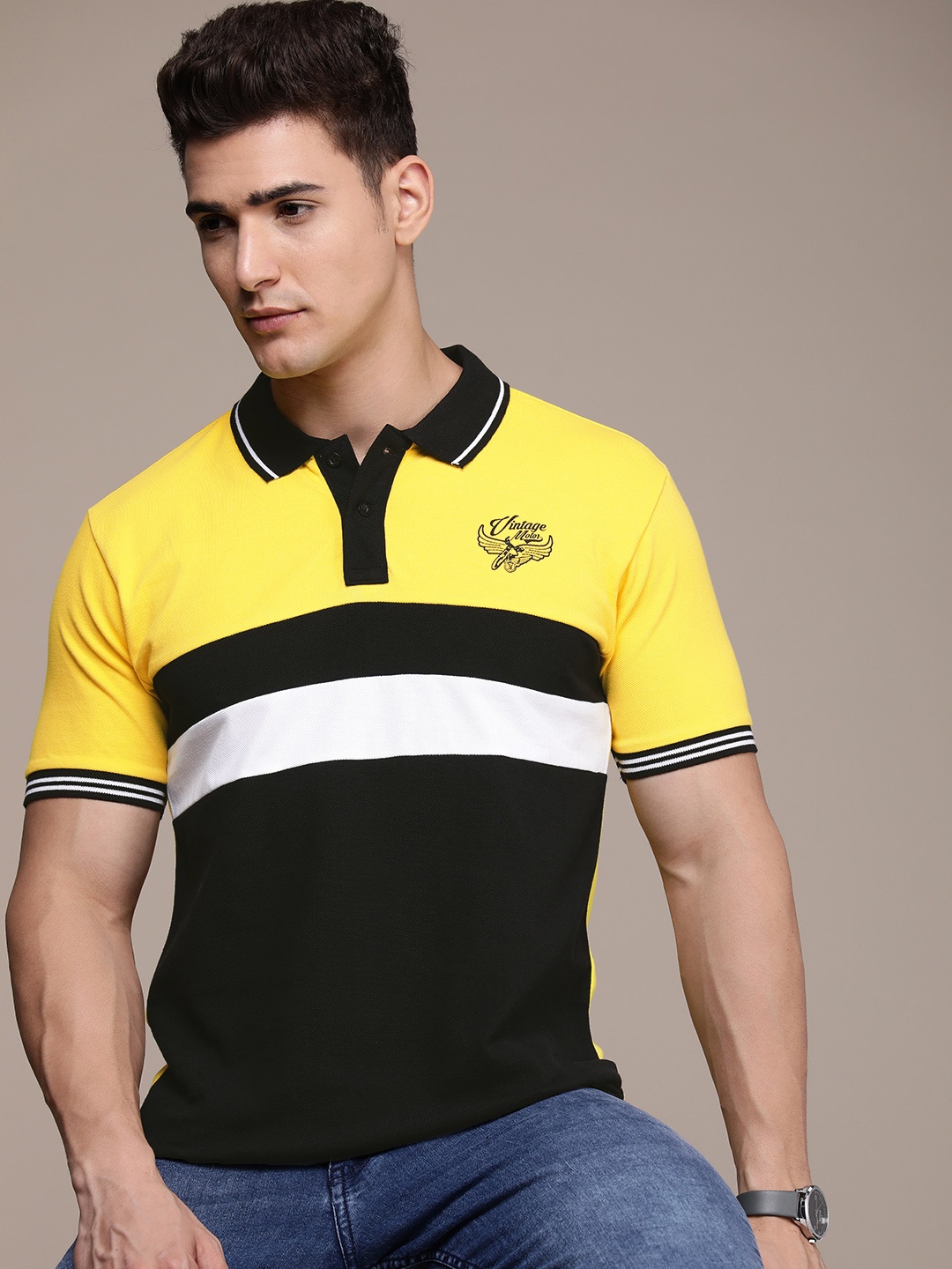 

Moda Rapido Pure Cotton Colourblocked Polo Collar Casual T-shirt, Yellow