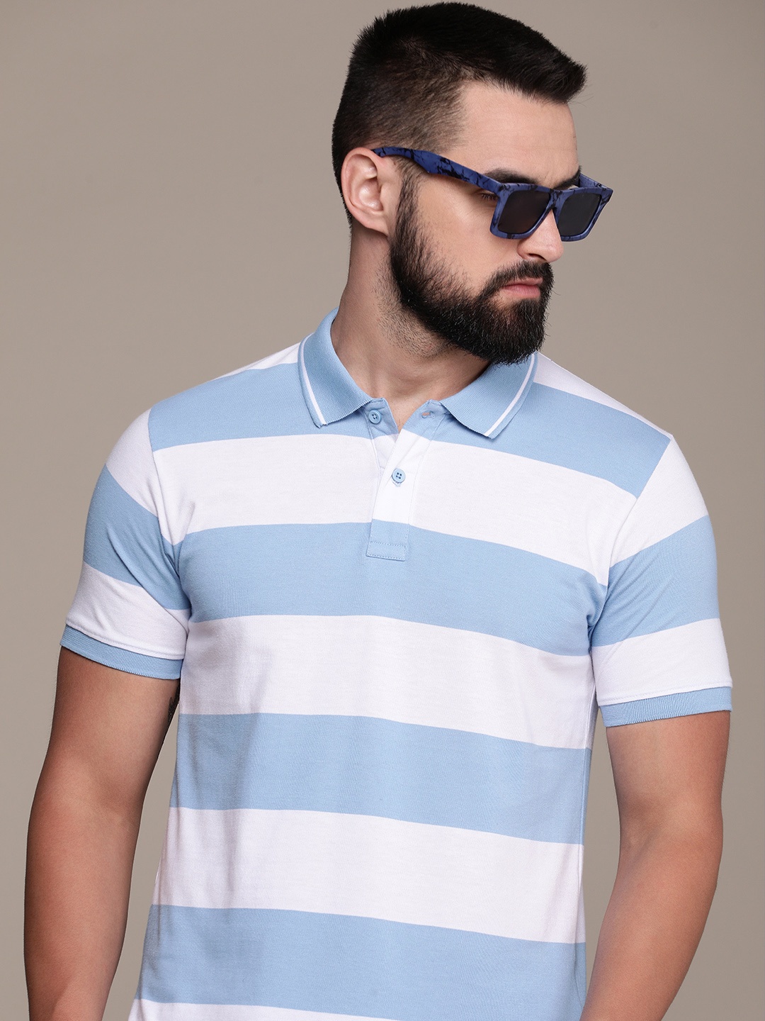 

Moda Rapido Striped Polo Collar T-shirt, Blue