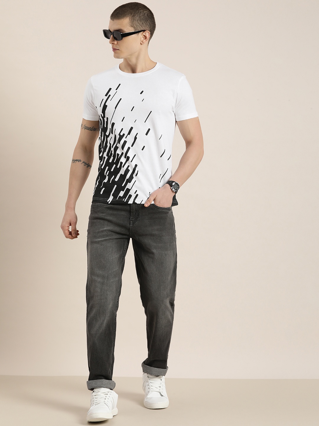 

Moda Rapido Geometric Printed Pure Cotton T-shirt, White