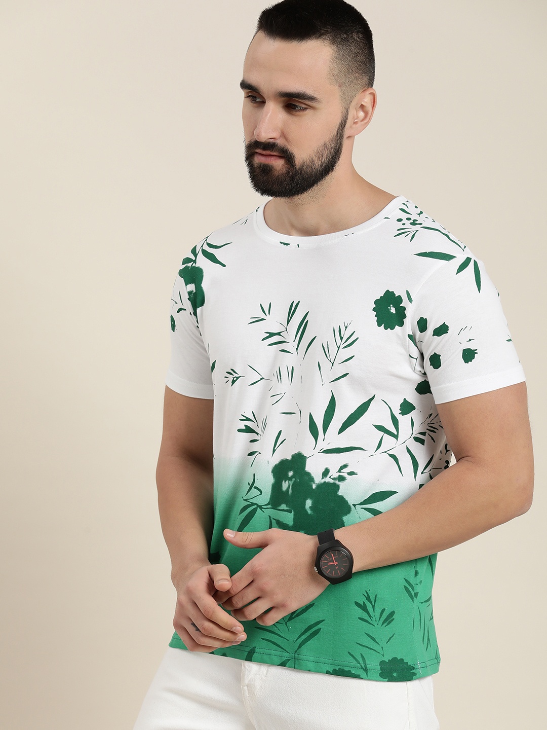 

Moda Rapido Dyed Ombre & Floral Printed Pure Cotton T-shirt, Green