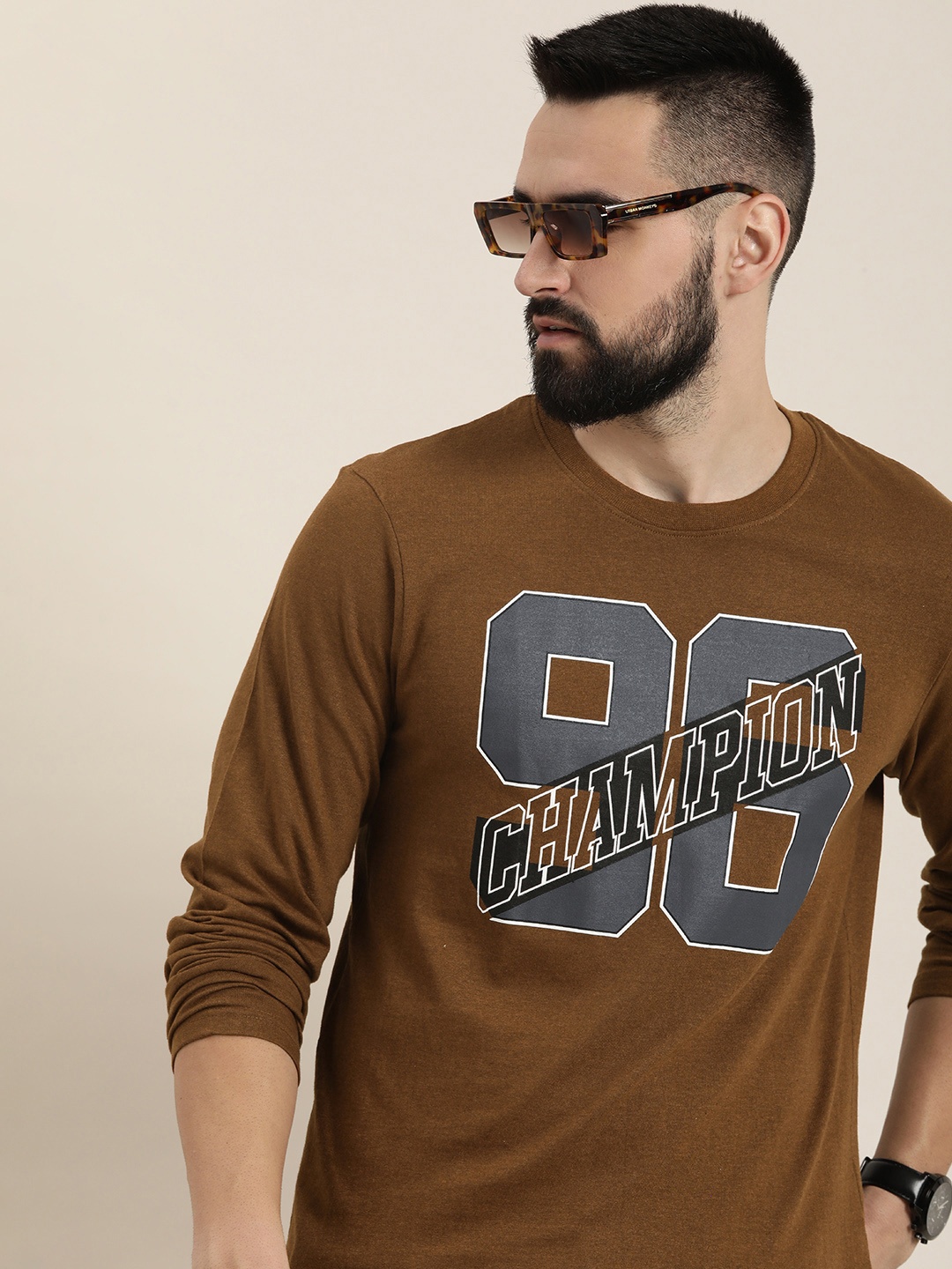 

Moda Rapido Round Neck Varsity Printed Long Sleeves T-shirt, Camel brown
