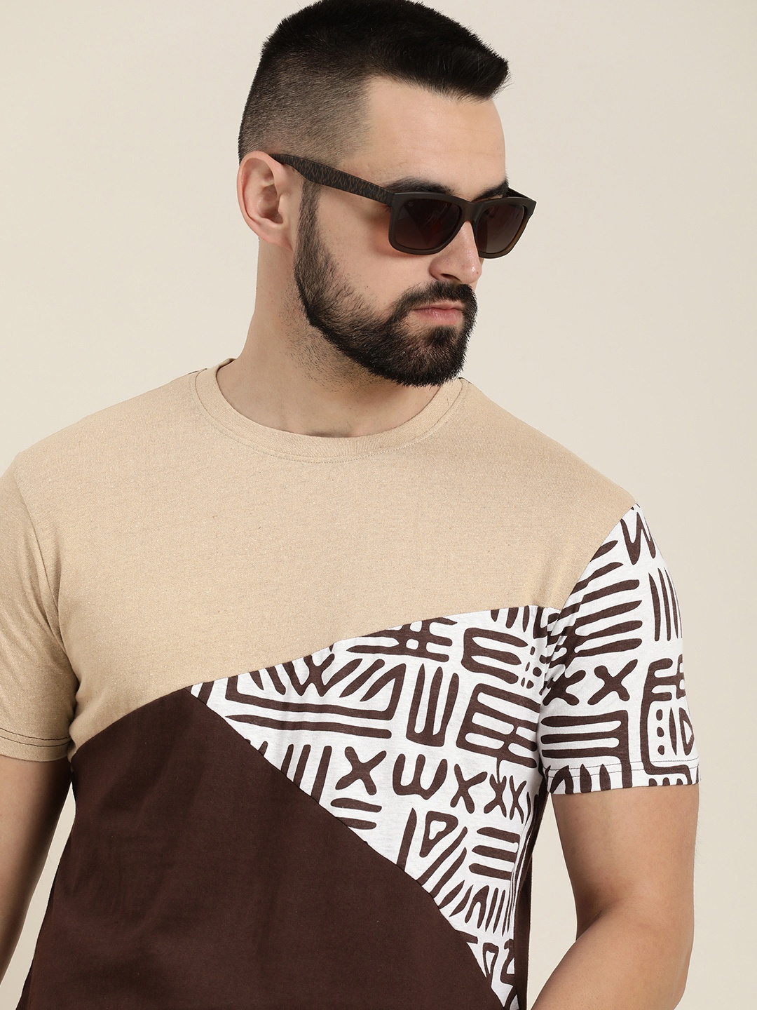 

Moda Rapido Graphic Printed & Colourblocked Pure Cotton T-shirt, Brown