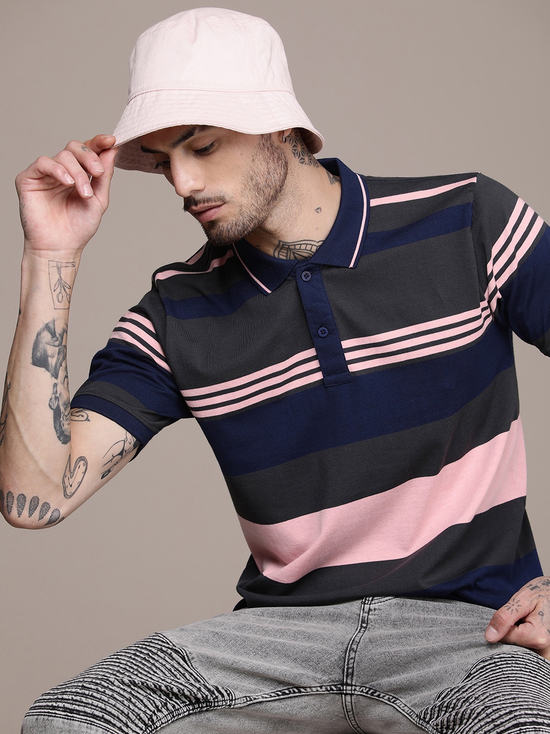 

Moda Rapido Colourblocked & Striped Polo Collar T-shirt, Navy blue