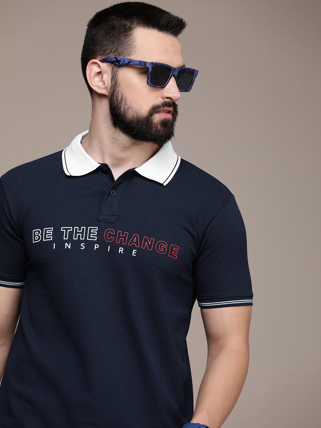 

Moda Rapido Typography Printed Polo Collar Casual T-shirt, Navy blue