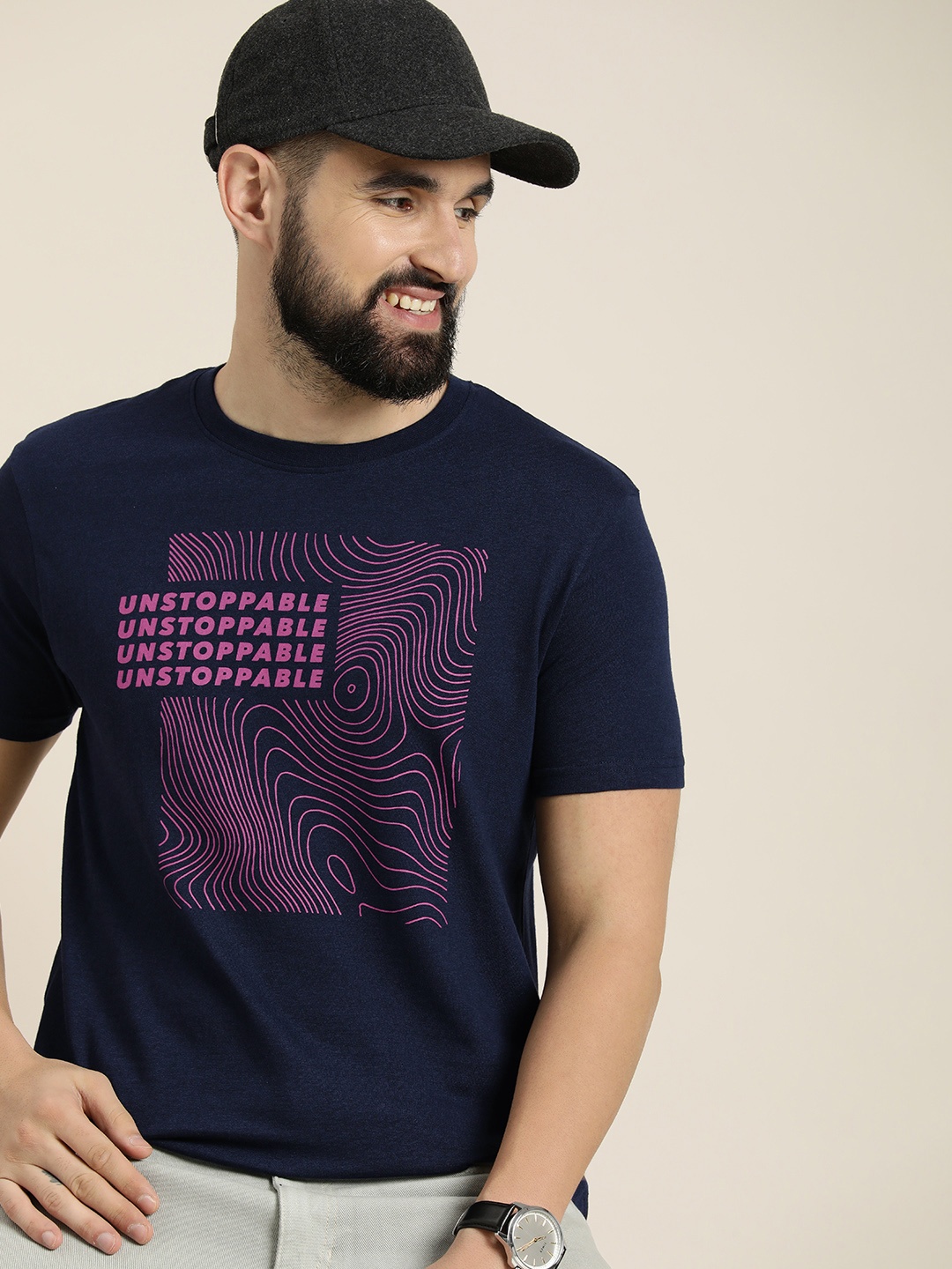 

HERE&NOW Typography Printed Regular Fit Casual T-shirt, Navy blue