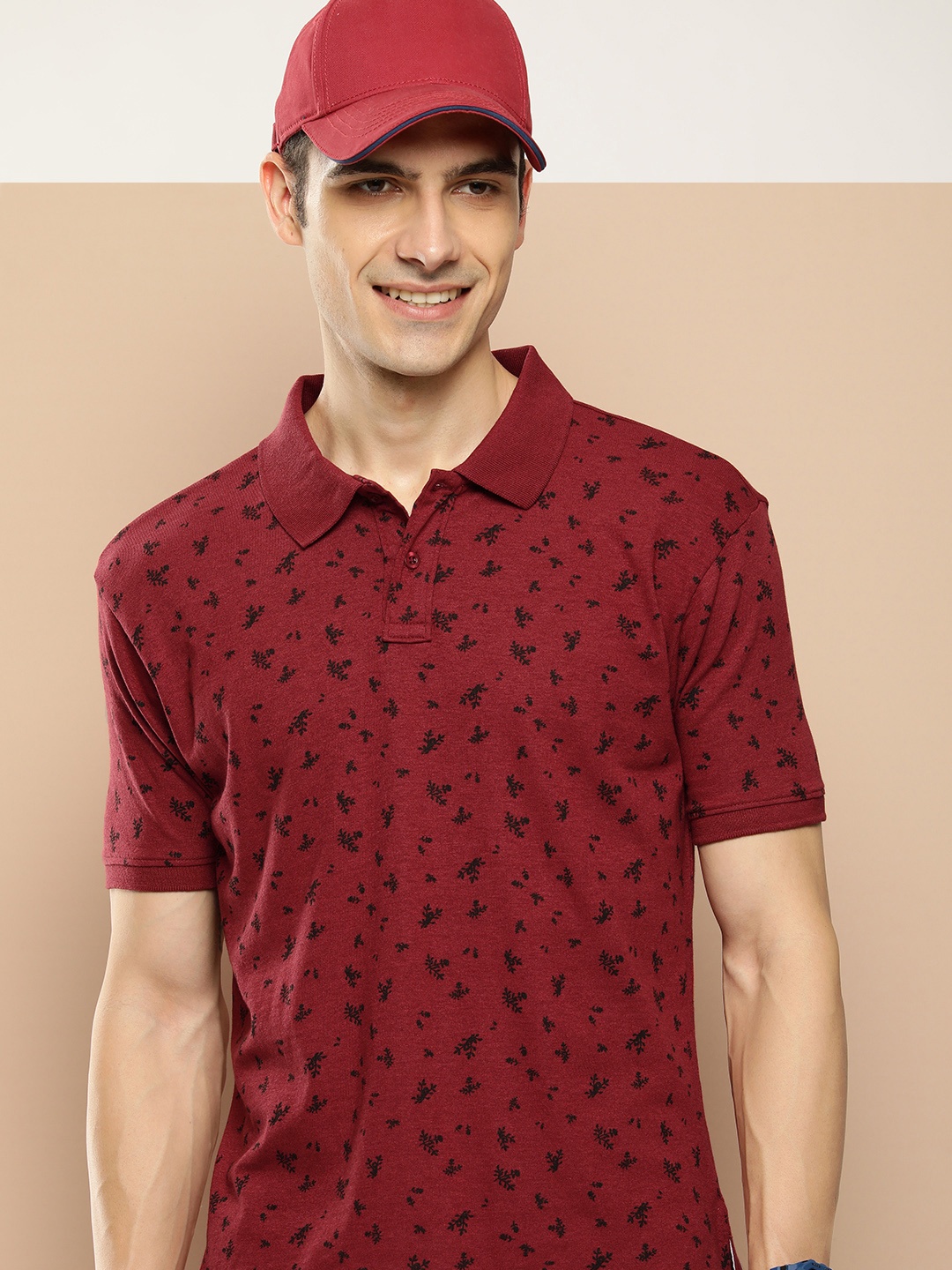 

HERE&NOW Floral Printed Polo Collar Casual T-shirt, Maroon