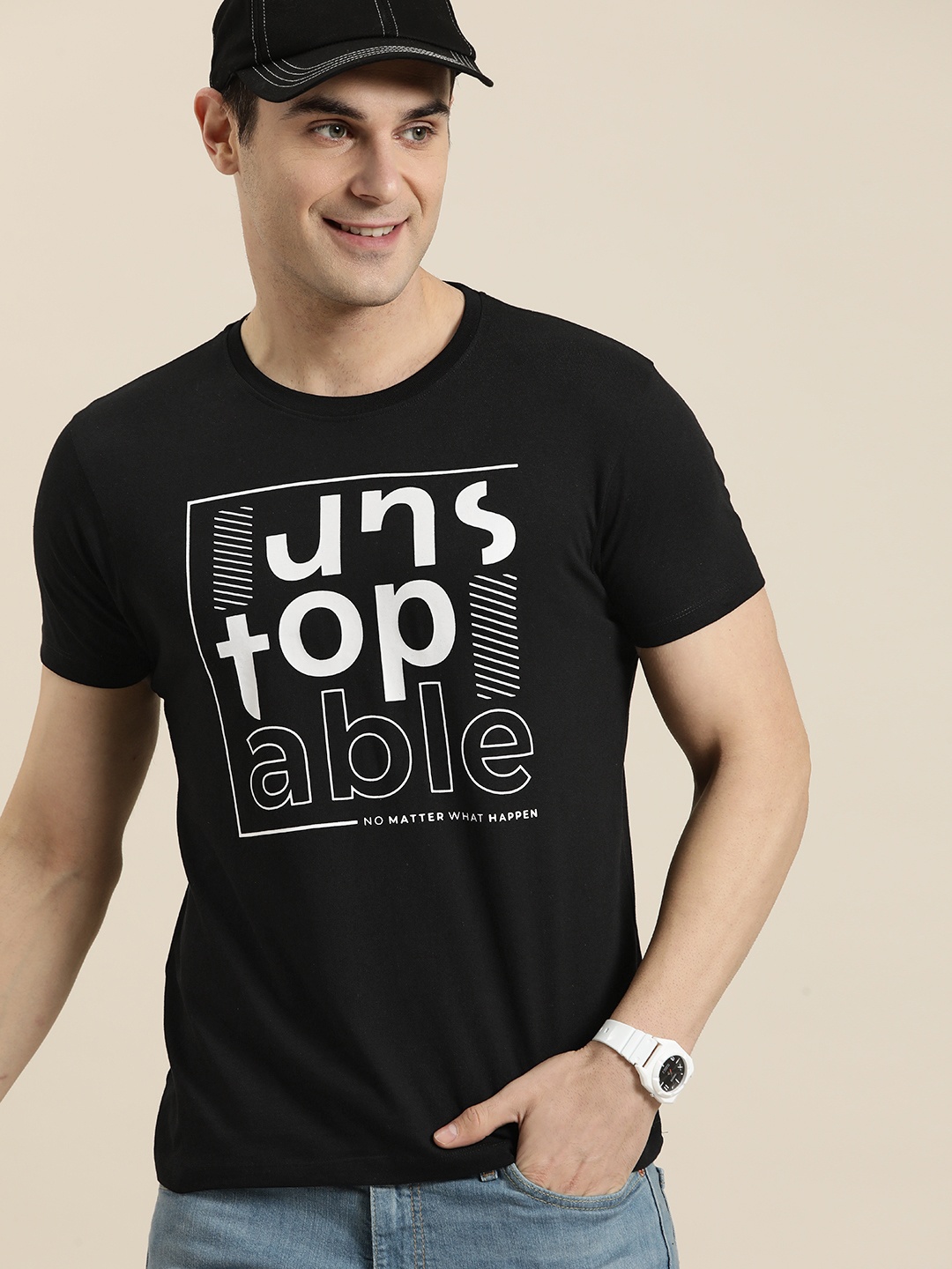 

HERE&NOW Men Black & White Typography Printed Monochrome Pure Cotton T-shirt