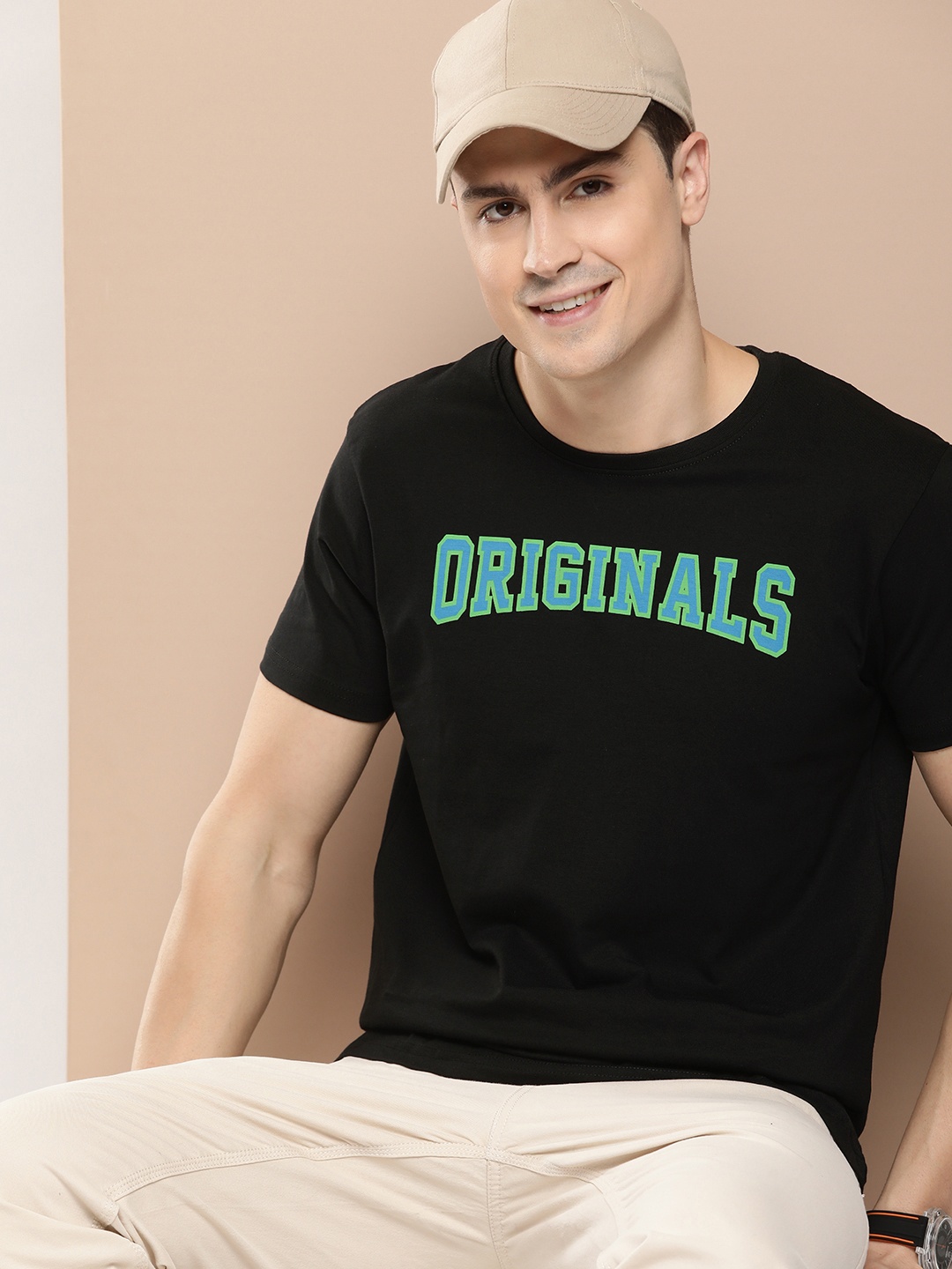 

HERE&NOW Pure Cotton Typography Printed Casual T-shirt, Black