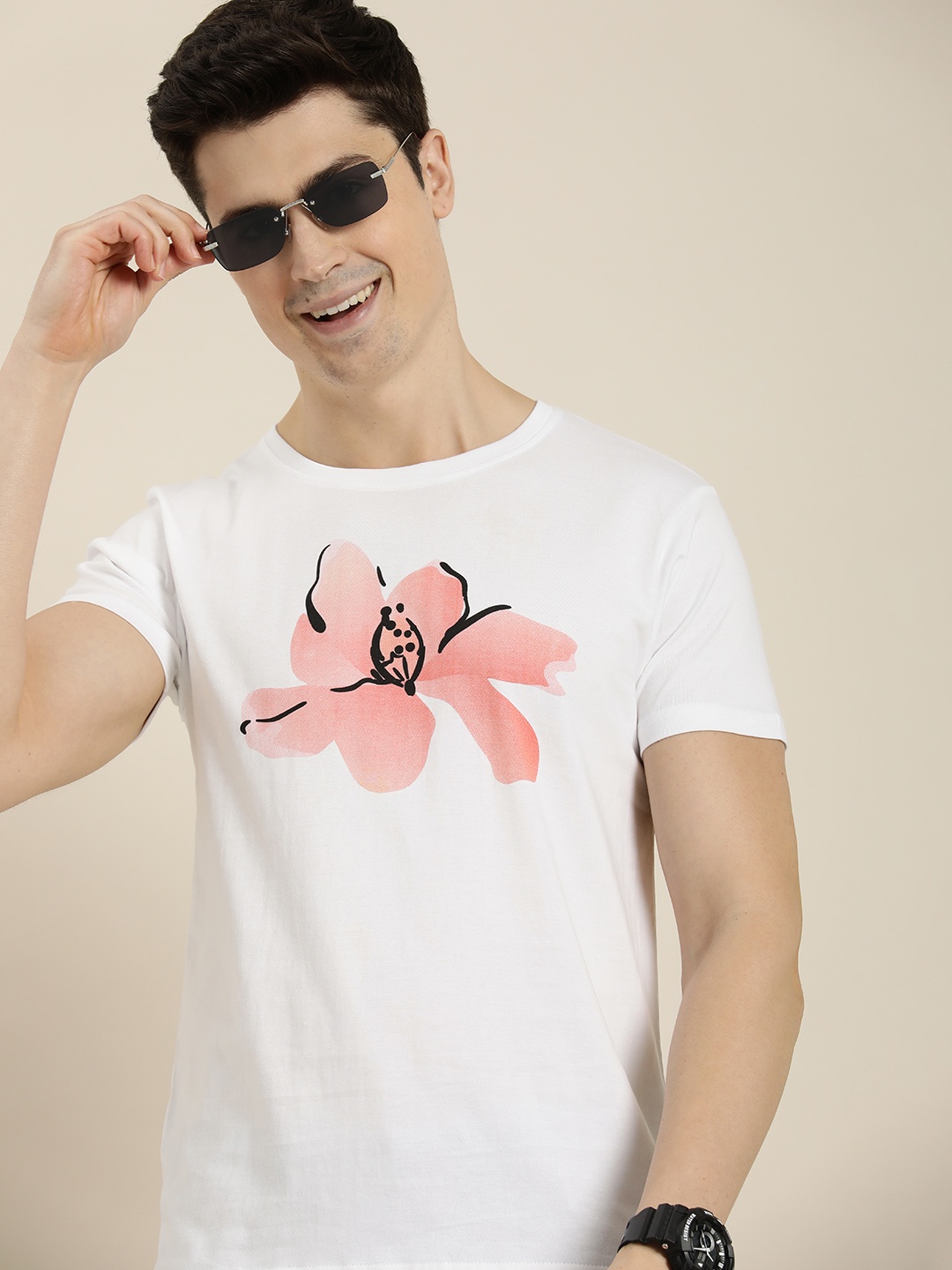 

HERE&NOW Floral Printed Pure Cotton Casual T-shirt, White