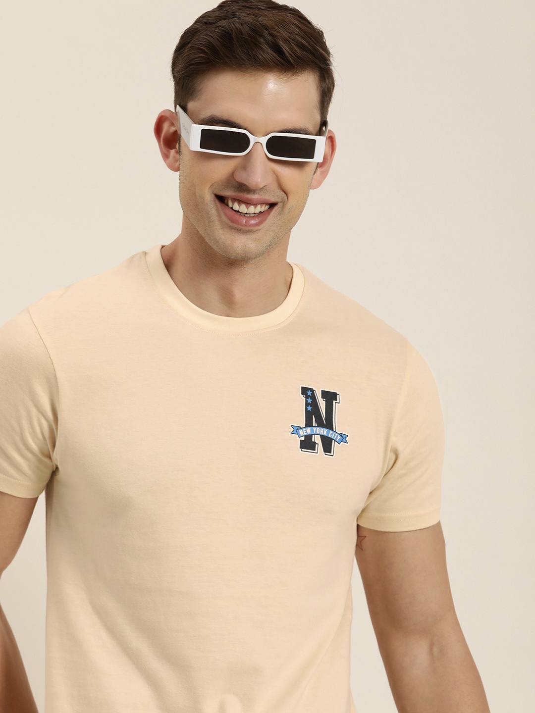 

HERE&NOW Regular Fit Typography Printed Casual T-shirt, Beige