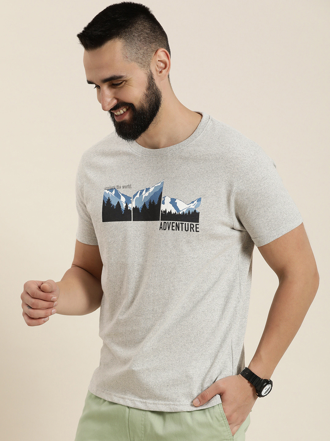 

HERE&NOW Regular Fit Graphic Printed Casual T-shirt, Grey