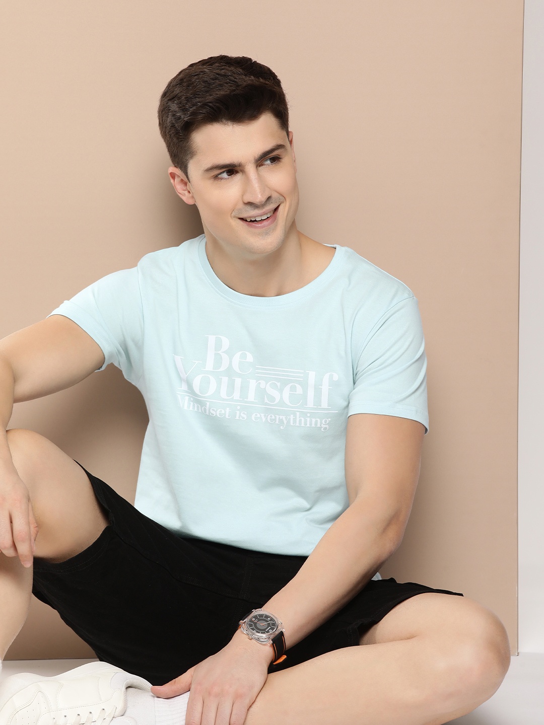 

HERE&NOW Pure Cotton Typography Printed Casual T-shirt, Blue