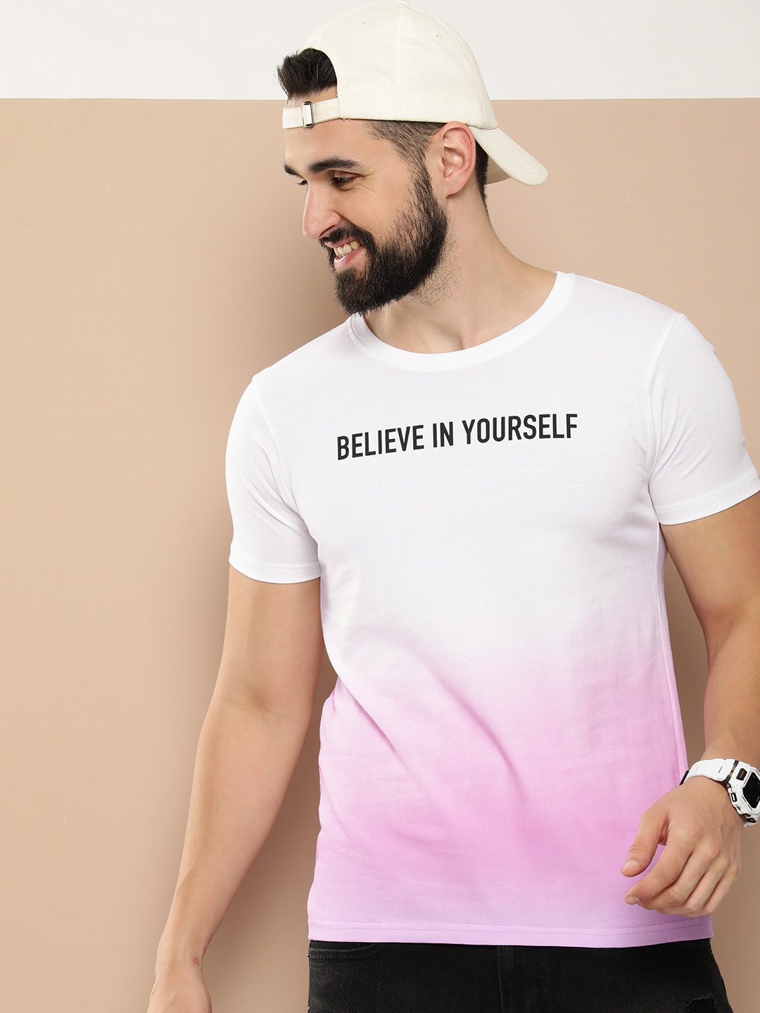 

HERE&NOW Round Neck Ombre Pattern & Typography Detail Pure Cotton T-shirt, White