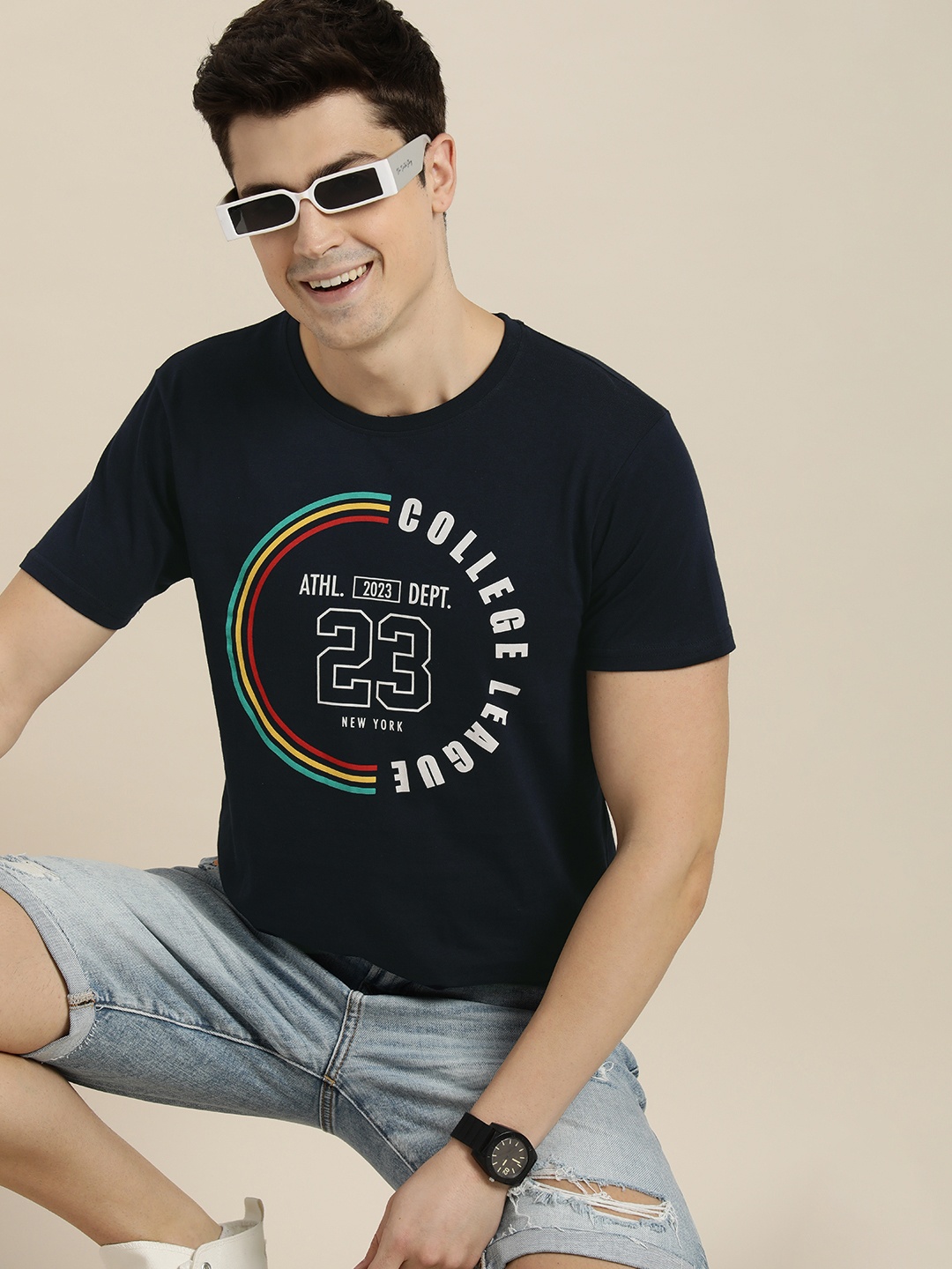 

HERE&NOW Graphic Printed Pure Cotton Casual T-shirt, Navy blue