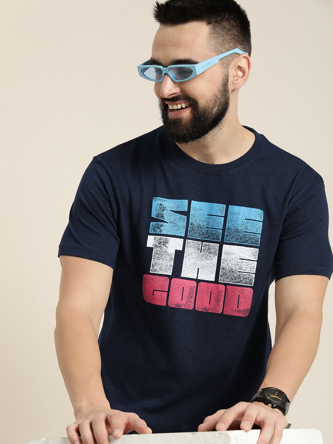 

HERE&NOW Typography Printed Regular Fit Casual T-shirt, Navy blue