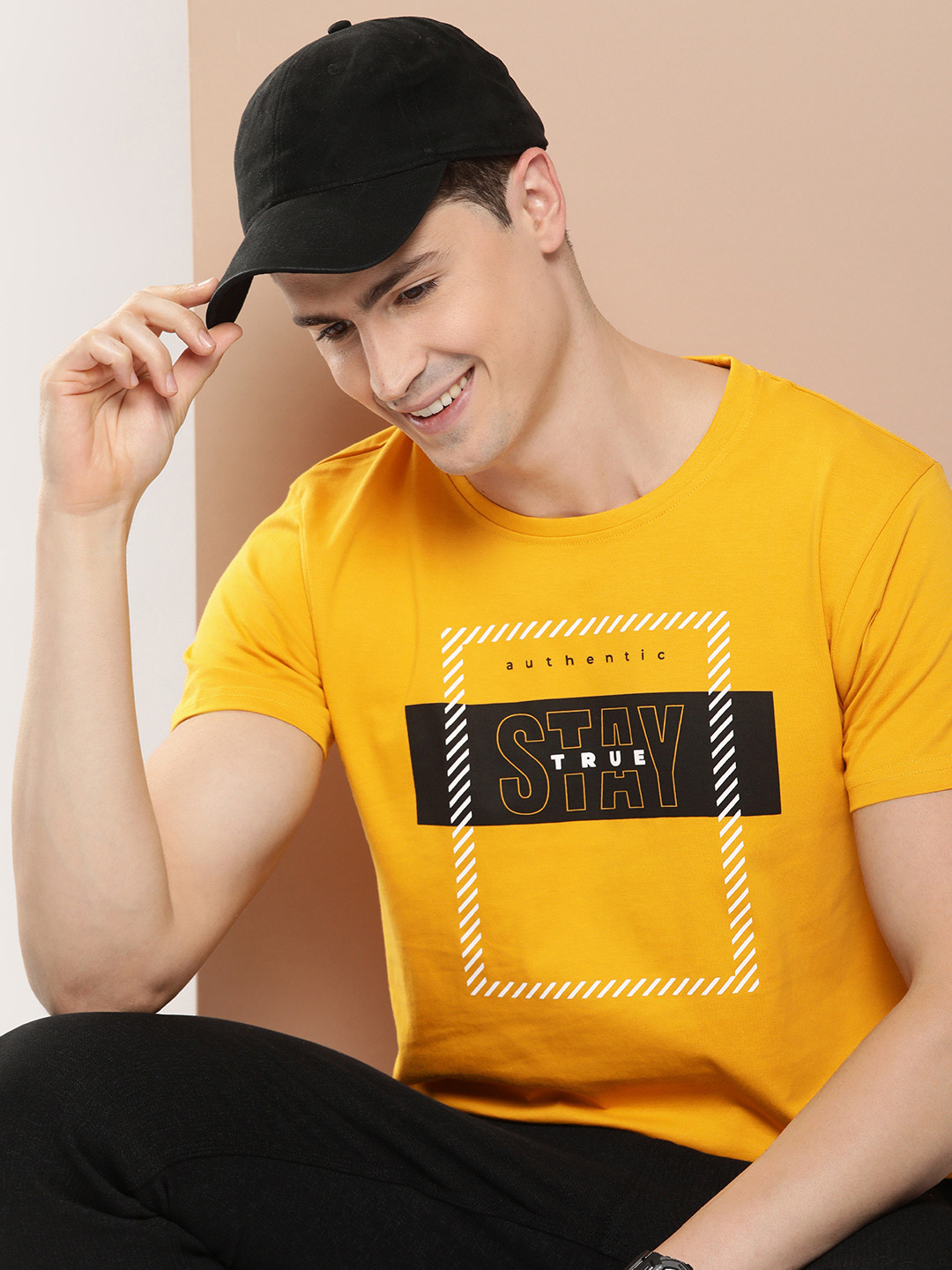 

HERE&NOW Pure Cotton Typography Printed Casual T-shirt, Yellow