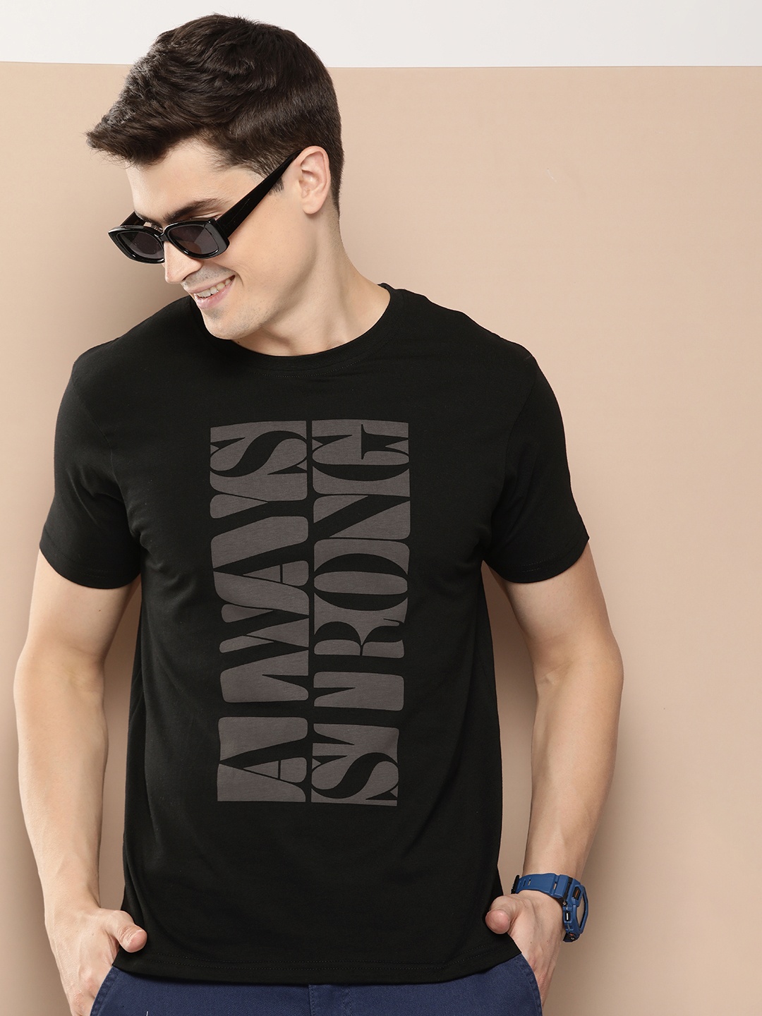 

HERE&NOW Typography Printed Pure Cotton T-shirt, Black