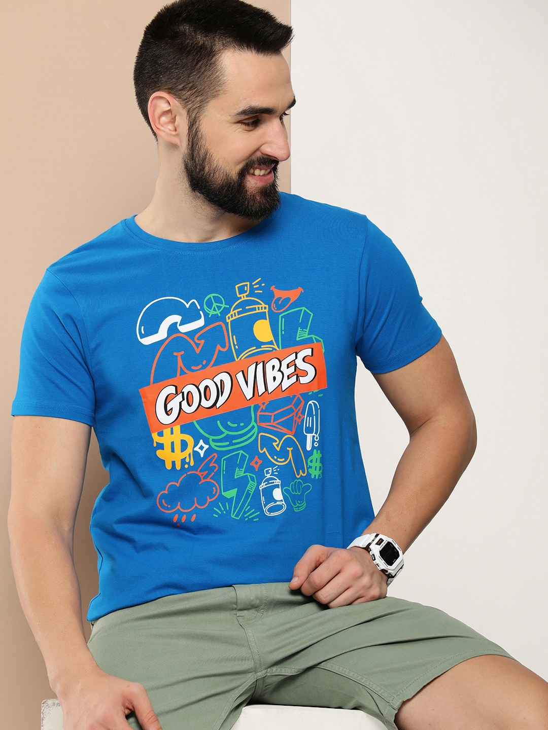 

HERE&NOW Graphic Printed Pure Cotton T-shirt, Blue