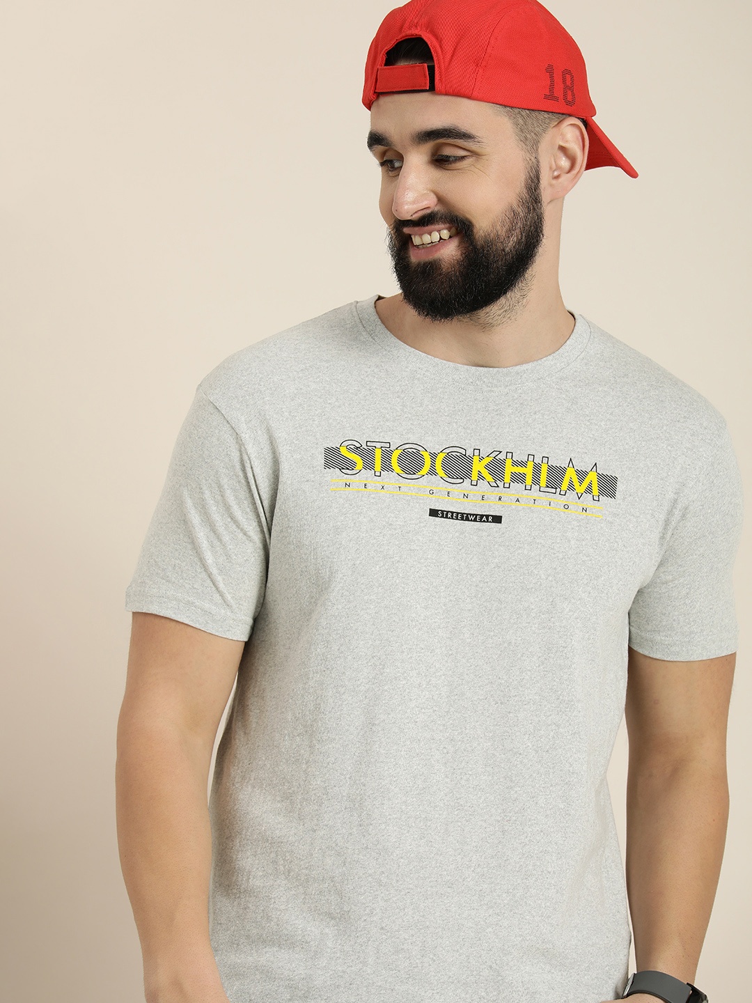 

HERE&NOW Typography Printed Regular Fit Casual T-shirt, Grey melange