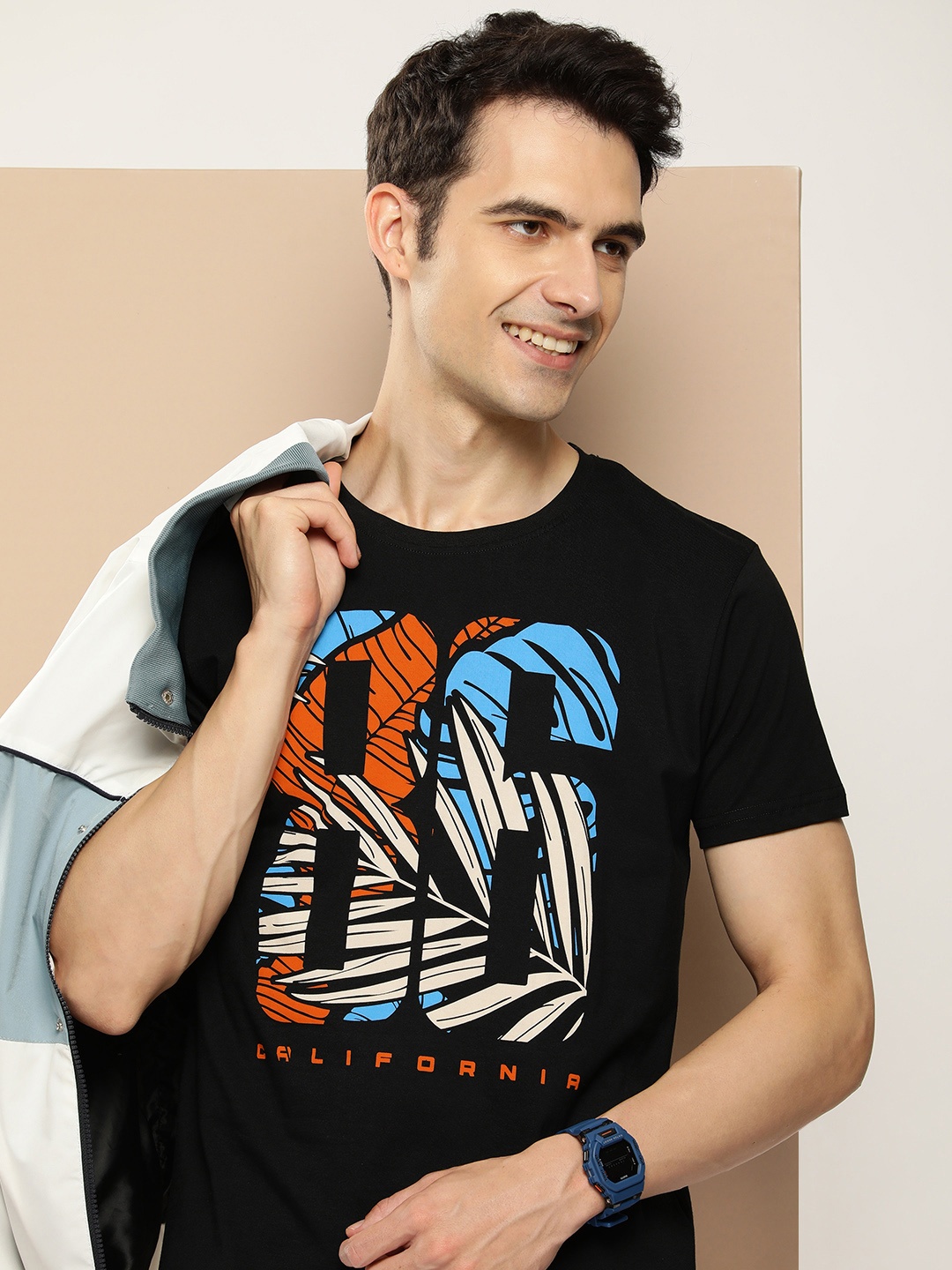 

HERE&NOW Graphic Printed Pure Cotton Casual T-shirt, Black