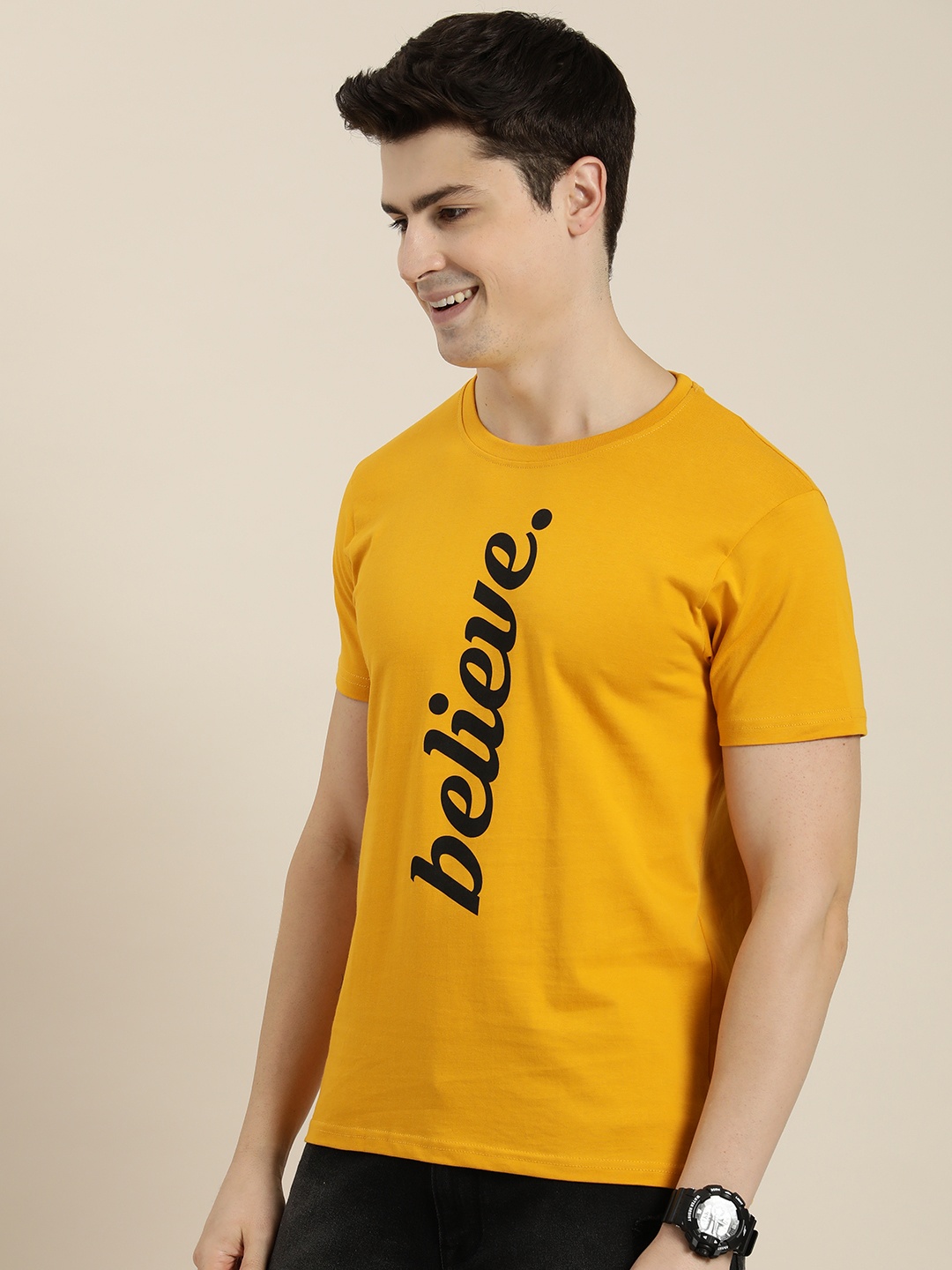 

HERE&NOW Typography Printed Pure Cotton Casual T-shirt, Mustard