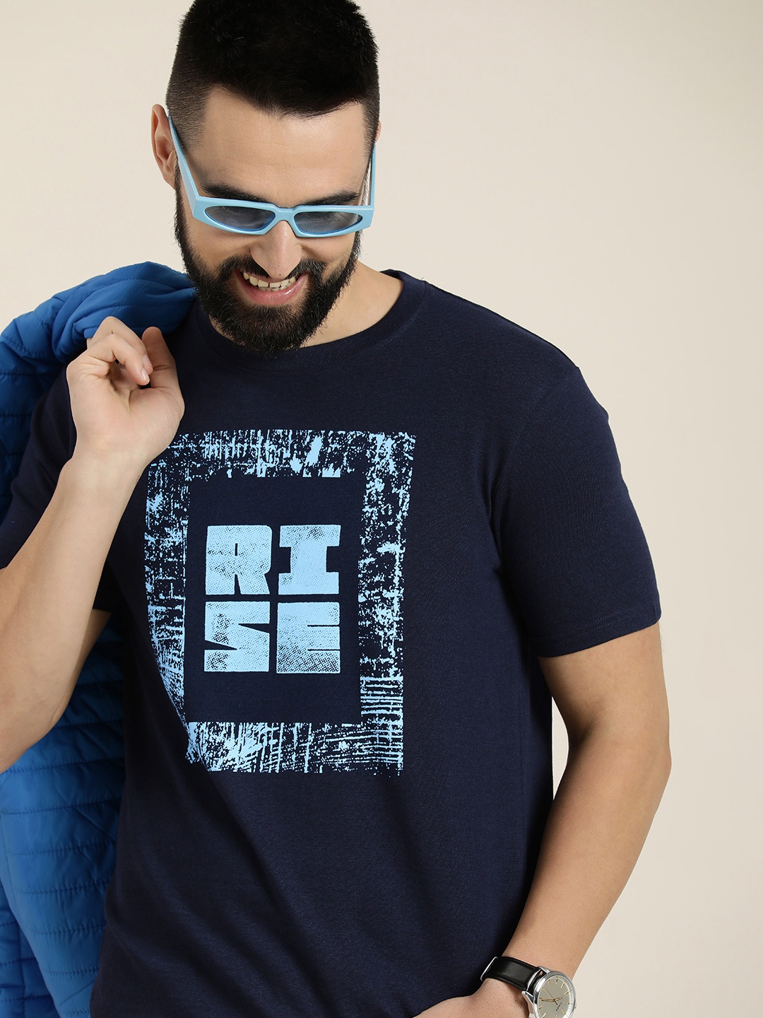 

HERE&NOW Typography Printed Regular Fit Casual T-shirt, Navy blue