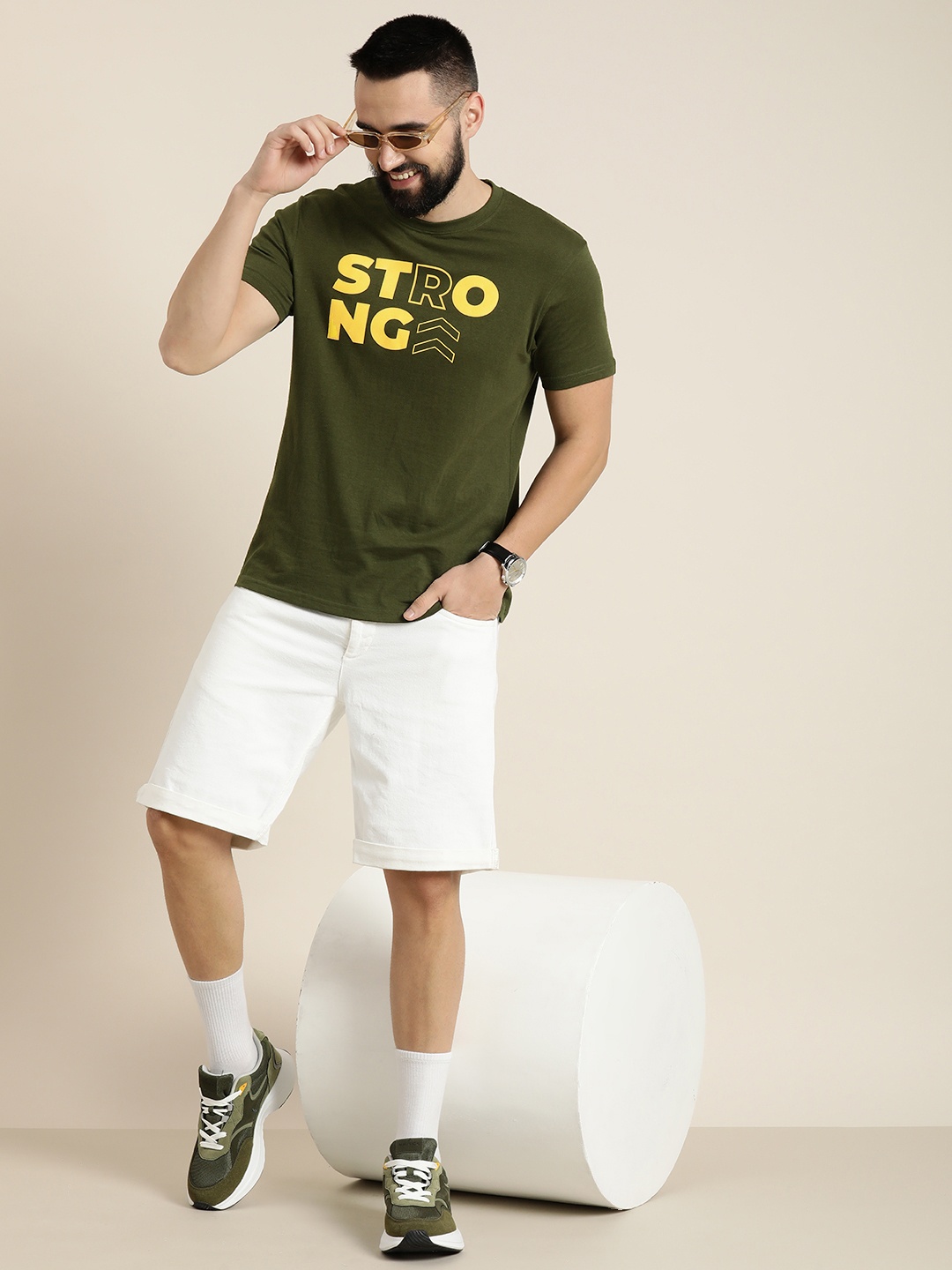 

HERE&NOW Pure Cotton Typography Printed Casual T-shirt, Olive