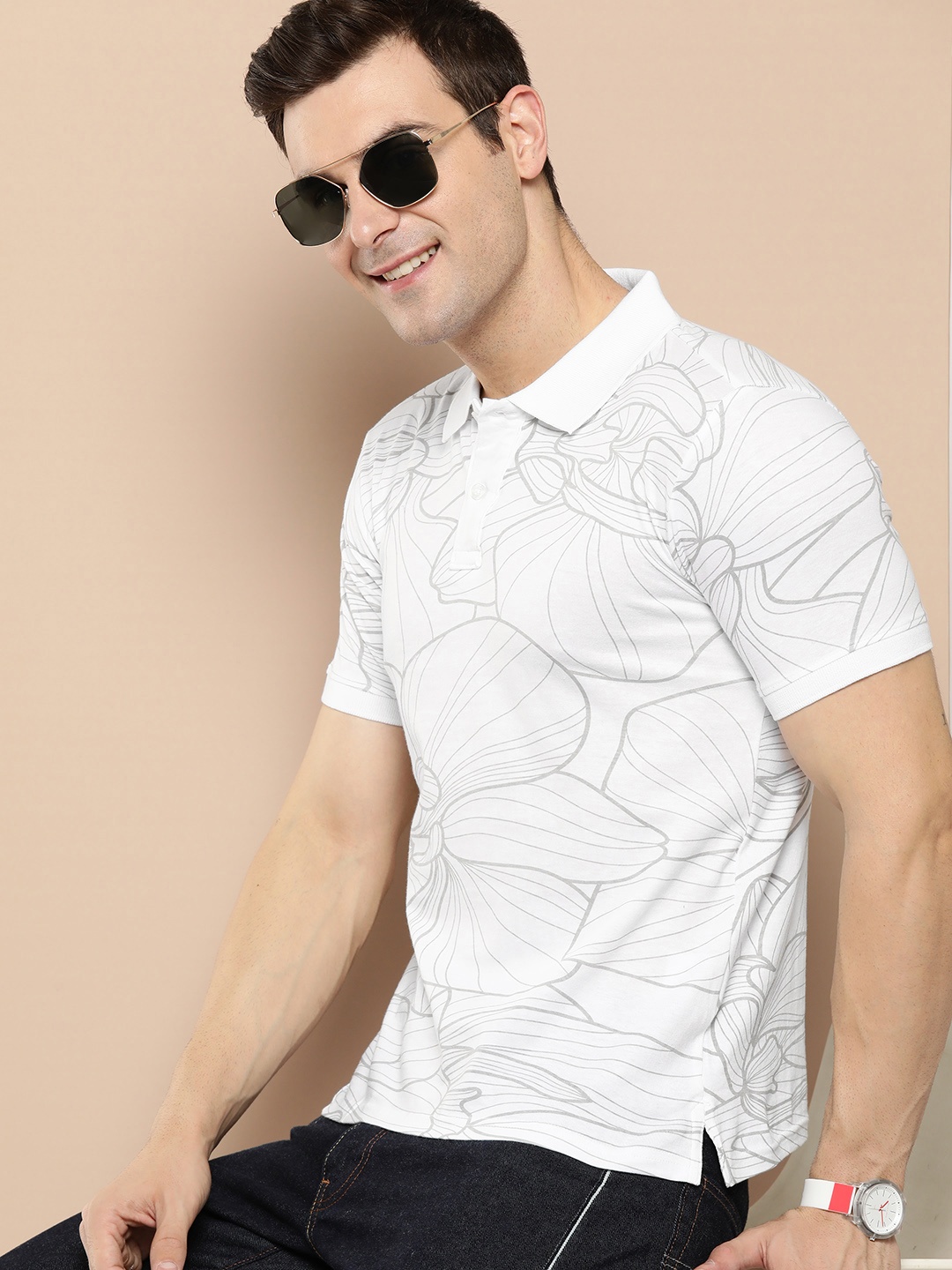 

HERE&NOW Pure Cotton Printed Polo Collar T-shirt, White