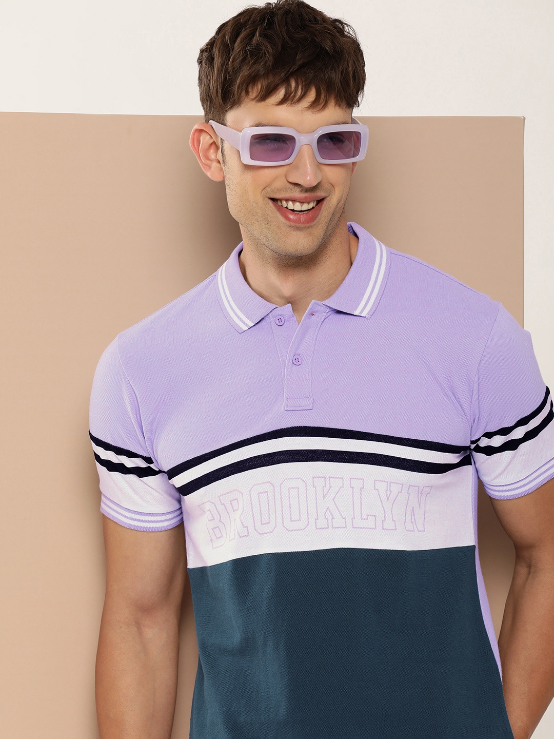 

HERE&NOW Colourblocked & Printed Polo Collar Pure Cotton T-shirt, Lavender