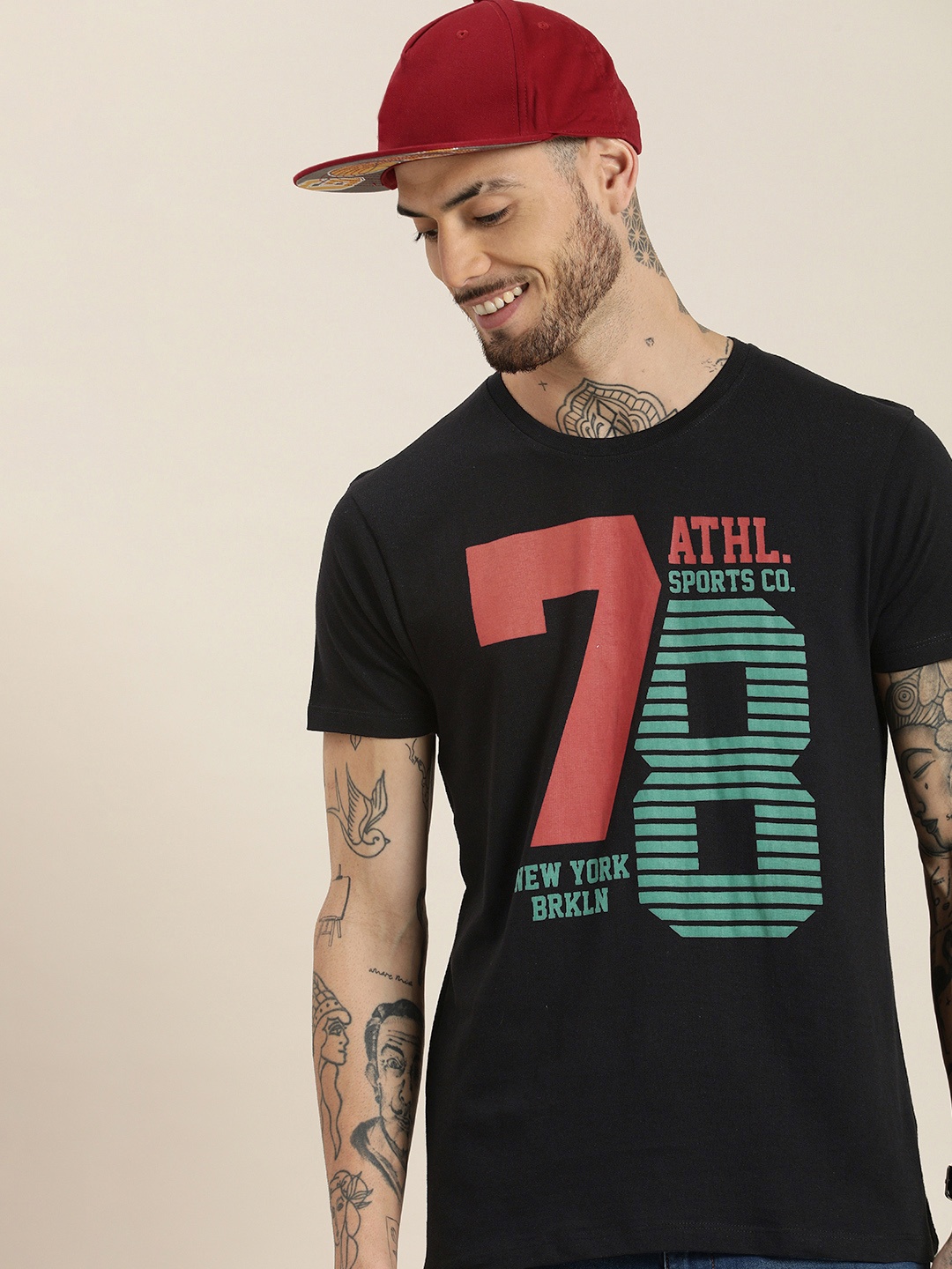 

HERE&NOW Varsity Printed Pure Cotton T-shirt, Black