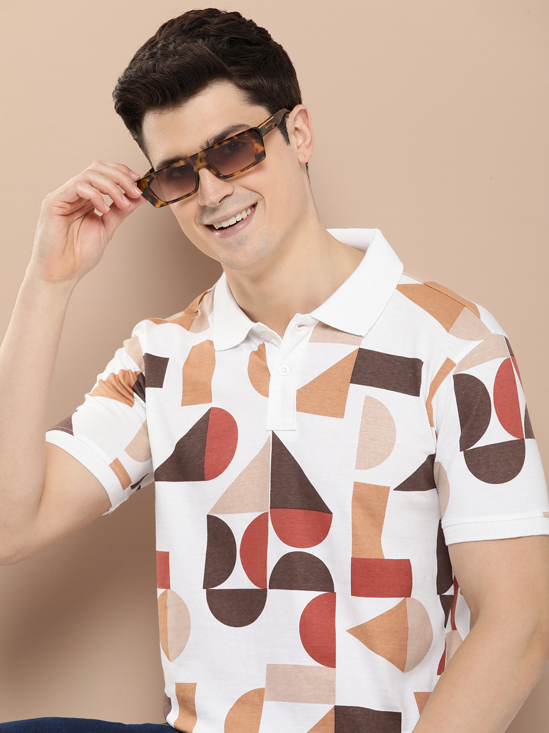 

HERE&NOW Geometric Printed Polo Collar Pure Cotton T-shirt, White