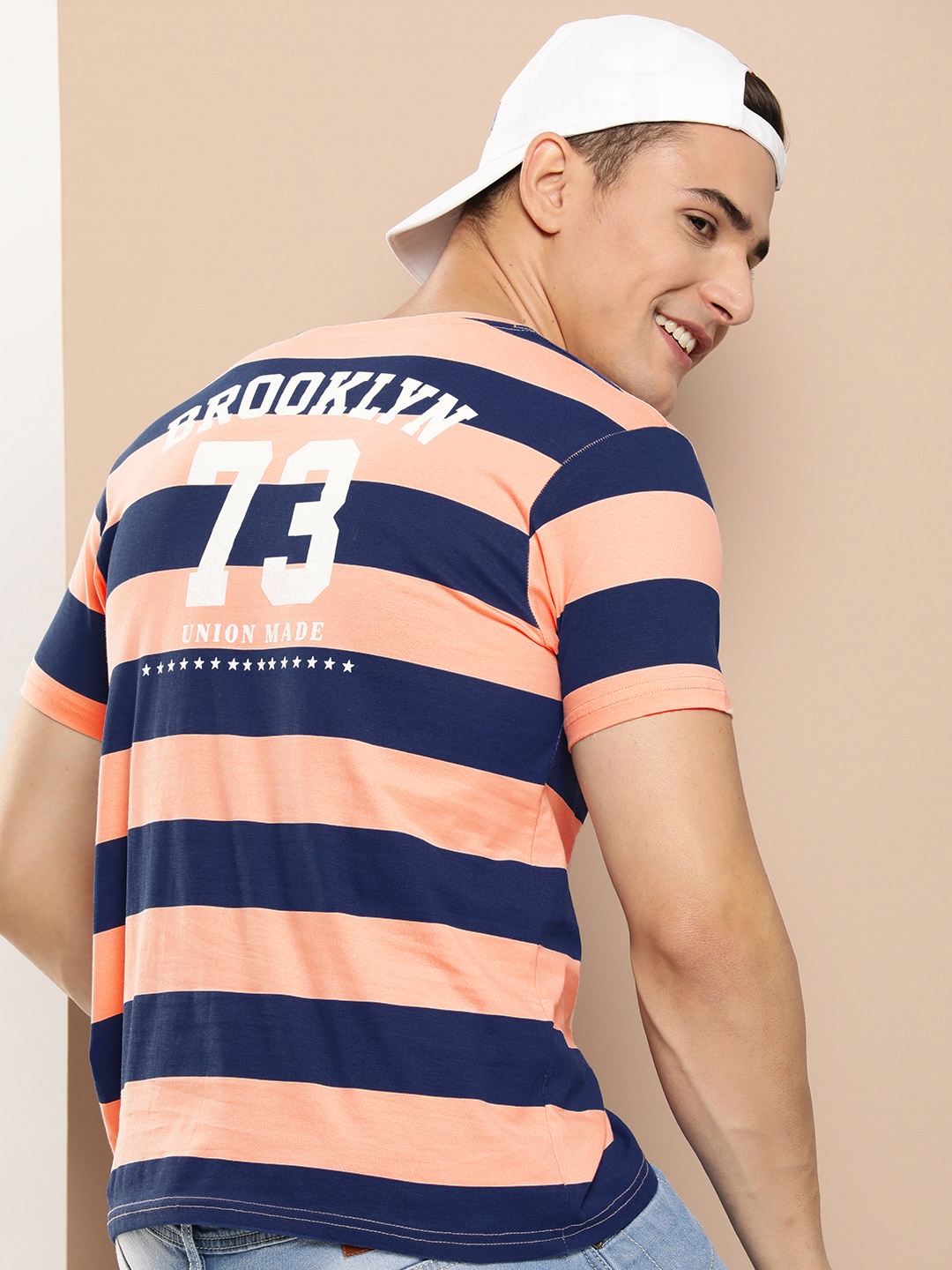 

HERE&NOW Striped Pure Cotton T-shirt, Peach